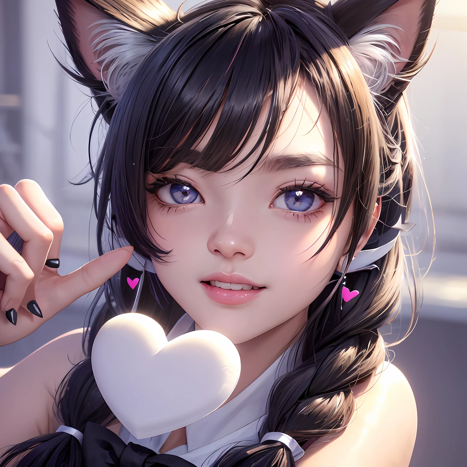 black hair, hair bobbles, wince, longeyelashes, solid circle eyes, fake animal ears, light smile, ear blush, fang, Best quality sailor suit, silver hair, ribbon, heart-shaped pupils, cat ears, gradient hair, hair over shoulder, hair ribbon, heart-shaped pupils, cat ears, tongue out, licking lips, Surrealism, drop shadow, anaglyph, stereogram, tachi-e, pov, atmospheric perspective, chromatic aberration, high detail, cinematic lighting, 8k, super detail, ccurate, 16k, 16k, best quality, highres, high details, textured skin --auto