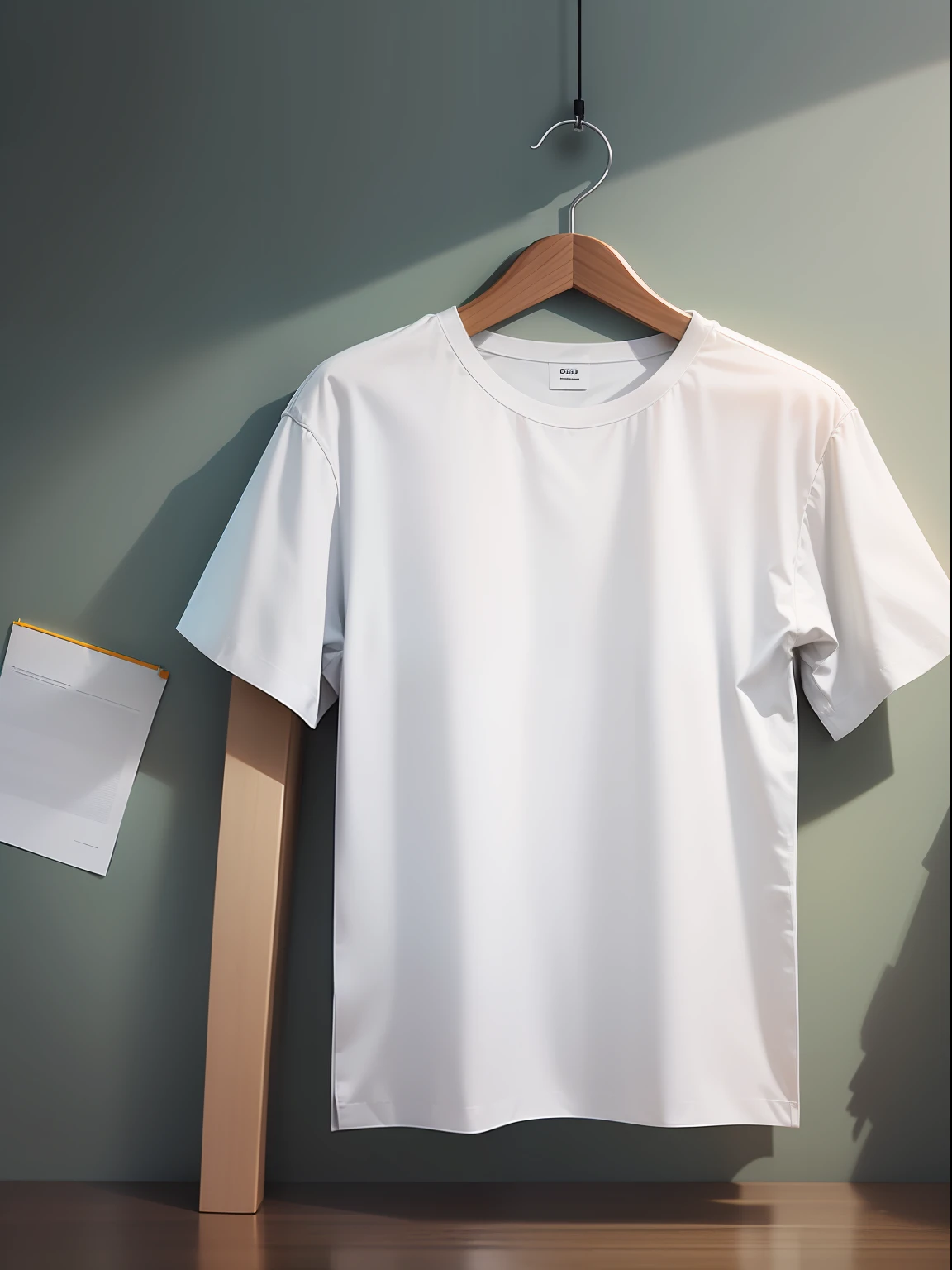 (high quality mockup photo),white t-shirt on table,perfectly fitted,(showcasing the clean lines of the shirt),(subtle shadow and highlight),idea board inspiration,innovative look, modern minimalist fashion.