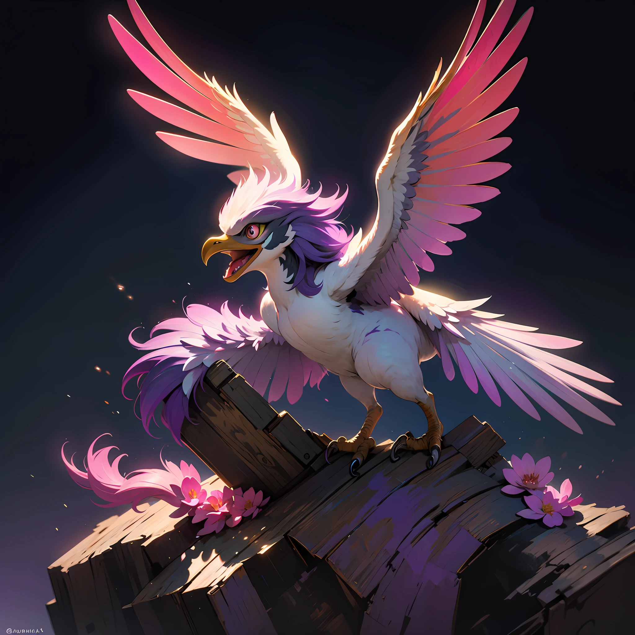 Aurulun Fledgling Gryphon, dusky blue feathers intermixed with rosy pink, pink wings that fade to purple, pink tail feathers that fade into purple, purple feathered crest, masterpiece, best quality, (in watercolor painting style)