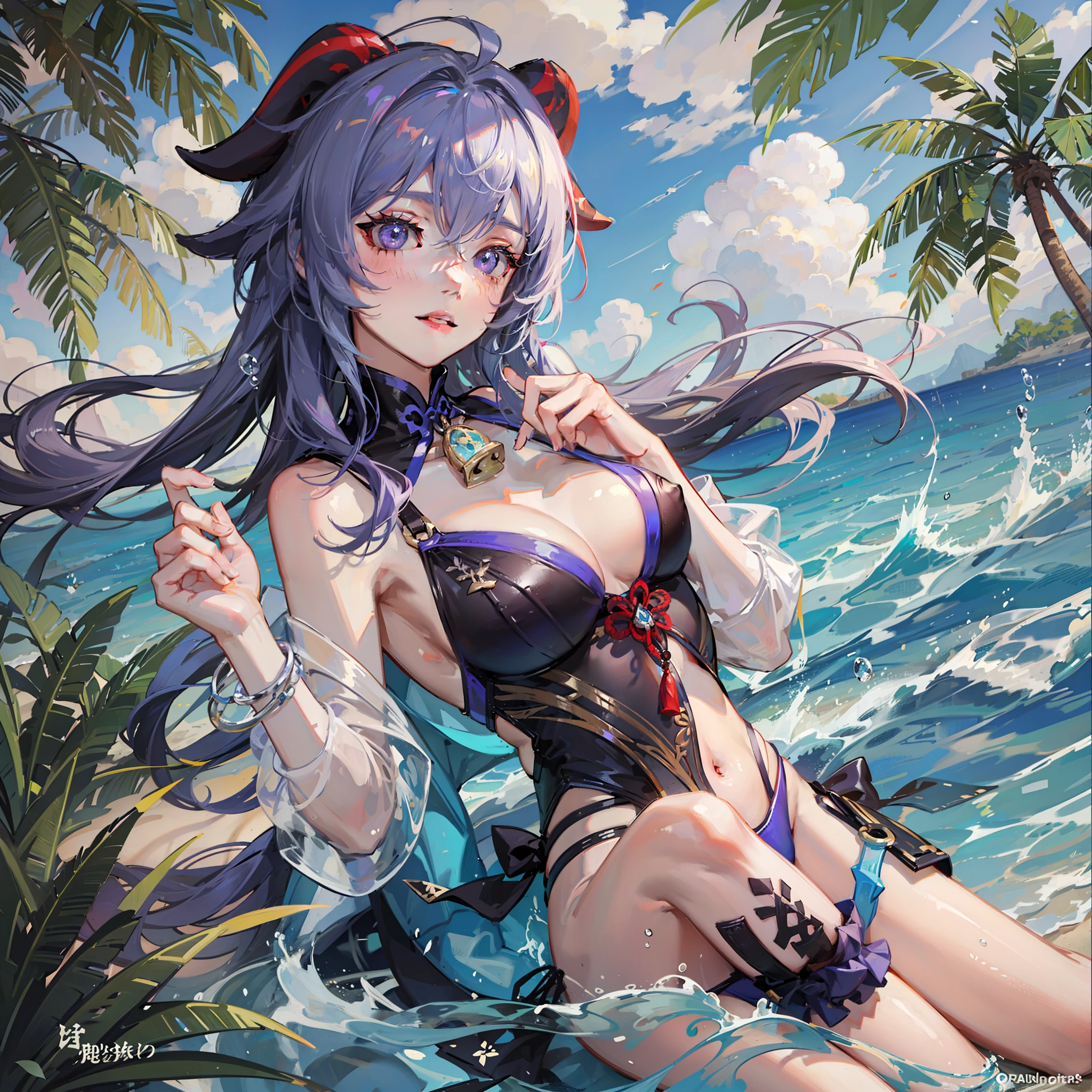 Sweet rain\(Genshin Impact\), 1 Genshin Ganyu image girl blushing, Transparent swimsuit,Breasts, Chinese knot, the sleeve, flower knot, , cow horn, long whitr hair, looking at viewert, middlebreast, Neckbells, the night,purpleeyes,, Solo, nipple tassels, ((Masterpiece)) Swimwear, Sexy swimwear, Seaside, beach, Ocean Hands Up Beach Resort swimwear straight chest transparent swimsuit
