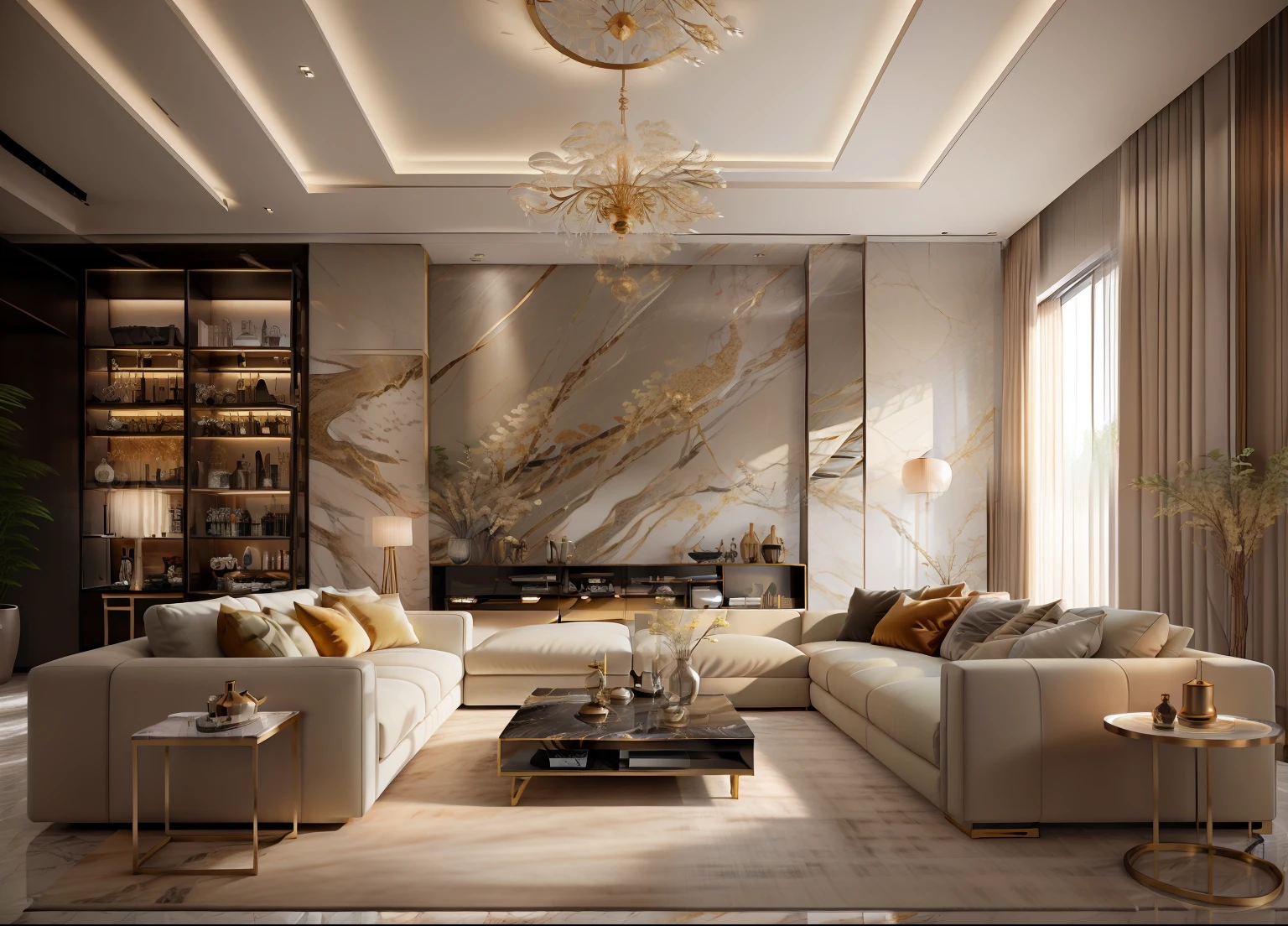 Ultra photo realsisim， tmasterpiece， best qualtiy， ultra - detailed， 超高分辨率， RAW photogr， 8K，
Chinese style living room，（Fabric sofa），（Fabric pillows），Stone opaque resin panel，Brown and white，Luxury mansion，Chinese décor，In charming lighting style，Light gold and light black，Li Shuxing，Soft atmospheric light，Hard-edged lines，（janelas），Fabric blinds，blue-sky，1 black TV，
 tmasterpiece，Ultra photo realsisim，32k，the Extremely Detailed CG Unity 8K Wallpapers，best qualtiy