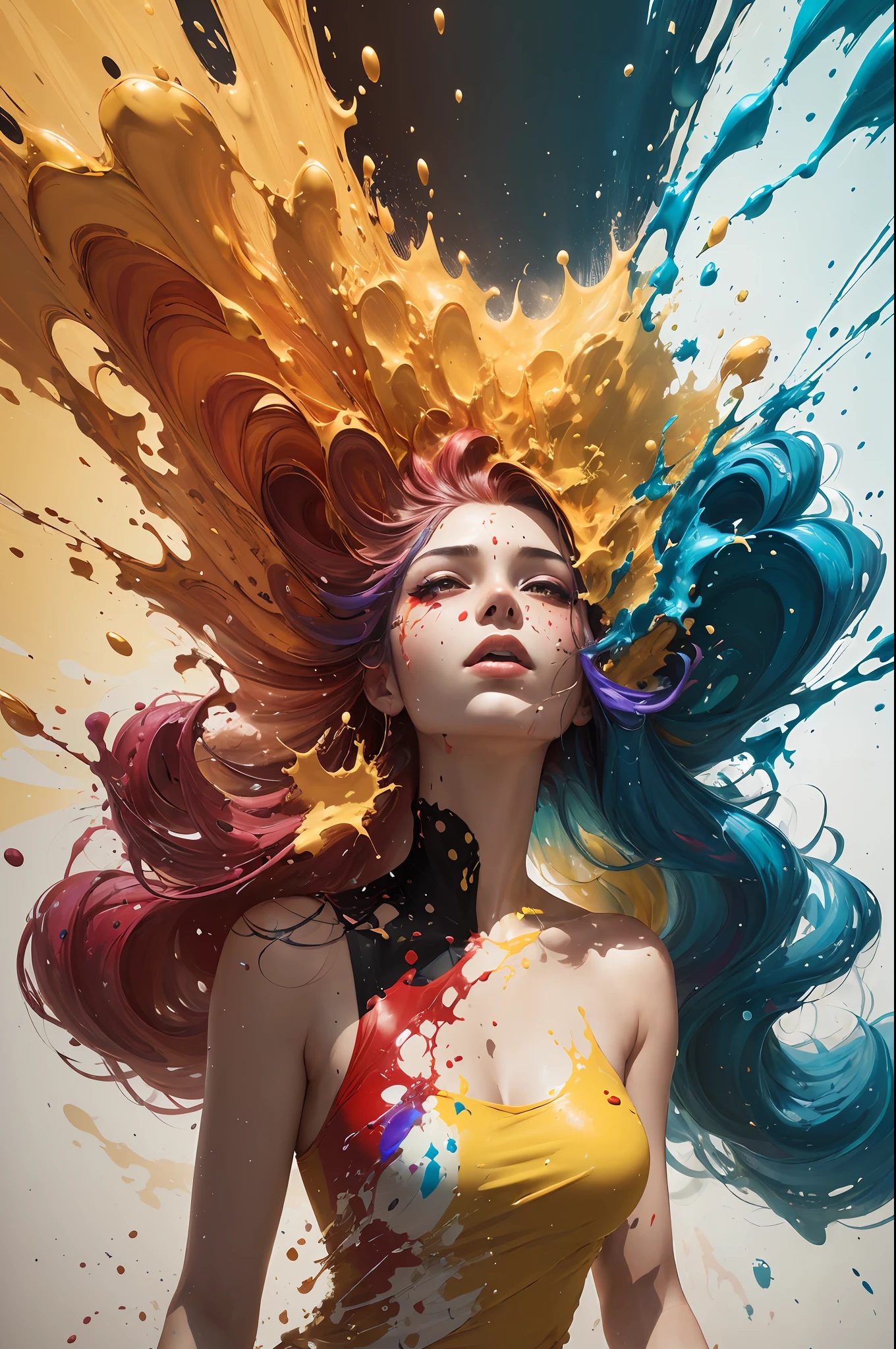 (Level difference:1.8),(Paints collide and splash on the canvas),(Depth of field),(flat color:1.1,(yellow theme)),1 girl,propaganda poster,full - body,strong wind,heavy smoke,,(Liquid dye for rainbow hair:1.1) Made of paint and defies gravity,thick liquid,(paint splatter:1.3),Liquidity,Stunningly beautiful, Masterpiece, Detailed background,ultra high quality model, Ethereal background,abstract beauty, explosive volumetric, oil painting,heavy strokes,romantic lighting,sub-surface Scattering,Glow,8K,High Resolution, dreamy,Ray Tracing,HDR,god rays,