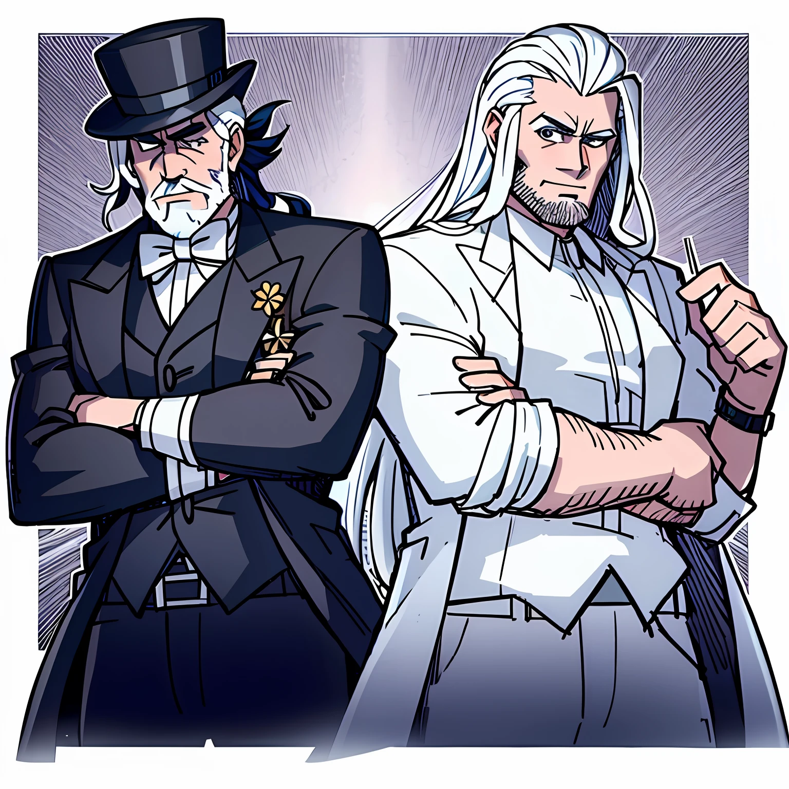 tmasterpiece， Best quality at best，1 middle-aged man，A half body，In black suit，long  white hair，White beard，Black hat，British style，White background
