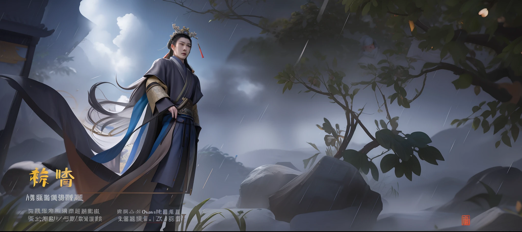 In the rain stood a man in a robe, Inspired by Cao Zhibai, Inspired by Huang Shen, inspired by Wu Daozi, inspired by Zhang Sengyao, by Yang J, author:Qu Leilei, Inspired by Hu Zaobin, Onmyoji detailed art, inspired by Zhang Wo, Guan yu, inspired by Dong Yuan