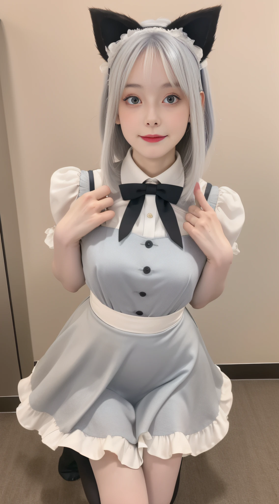 （true to life，Photorealistic 1.5）,((best qualtiy, 8K, tmasterpiece:1.3)), (二重まぶた，largeeyes:1.3),（The expression is pitiful 1.5），（Full body photo 1.5）（Aggrieved expression 1.5）Clear focus 1.2, Perfect body beauty:1.4 , Delicate skin1.1，（Silvery-white hair 1.2），（Delicate facial features1.4），（Pure desire 1.3）(Little Lori 1.5)（JK skirt 1.2）black lence stockings，Maid dress-up，Cat ears dressed up at Comic-Con