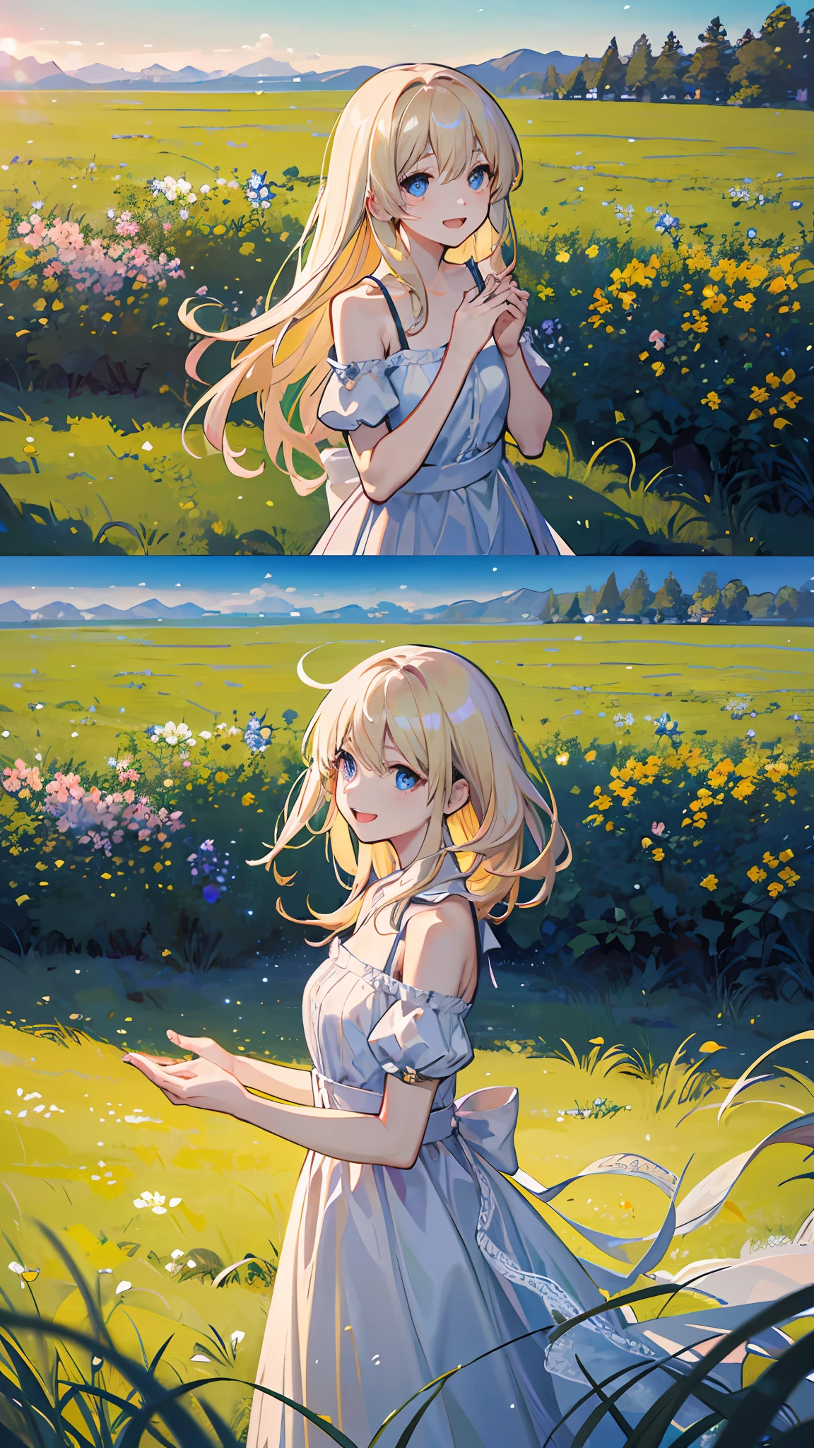 top-quality、​masterpiece、8K、with a realistic、Be authentic、Live action、beautifly、amazing landscape、Expansive grasslands、flower bloom、Fantasia、Blue-eyed laughing girl（hide one's hands、View here、Longhaire、a blond）