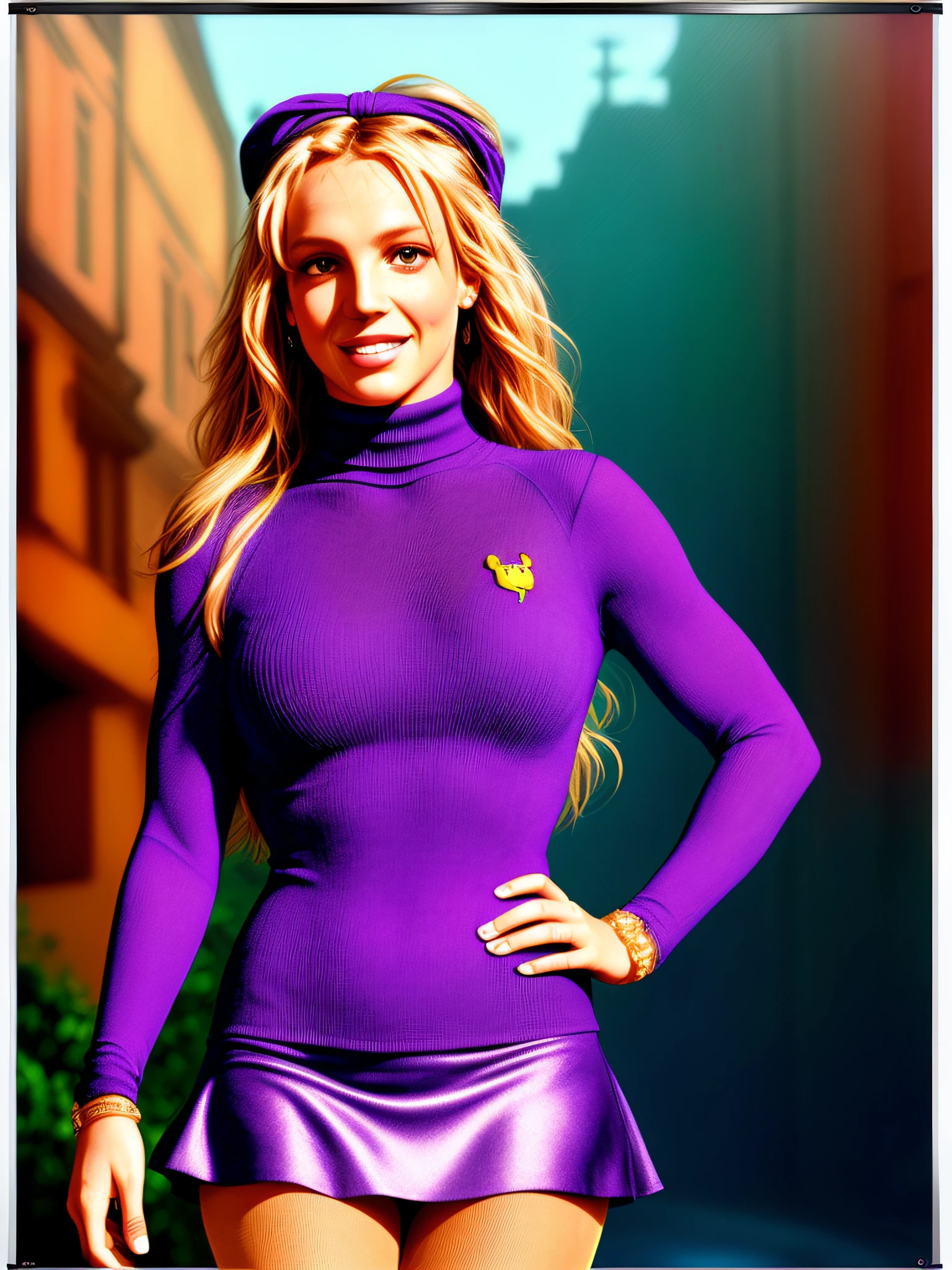 (Britney Spears) as (Daphne Blake:1.4 from Scooby Doo)
, ((large breasts), (stylish Long Side-Swept haircut and headband), cleavage purple (turtleneck) braless, (micro-skirt), pantyhose)1.2
, smiling face, dramatic, posing for movie promotion, front view
, (high detailed skin:1.2)(realistic pupils, realistic iris:1), 8k uhd
, (vhs effect, (poster:1.6), nostalgia, movie poster effect, (skin texture), intricately detailed, fine details, hyperdetailed, raytracing, subsurface scattering, diffused soft lighting, shallow depth of field, by (Herb Ritts)), ((Scooby Doo) in background), (full body length)1.3