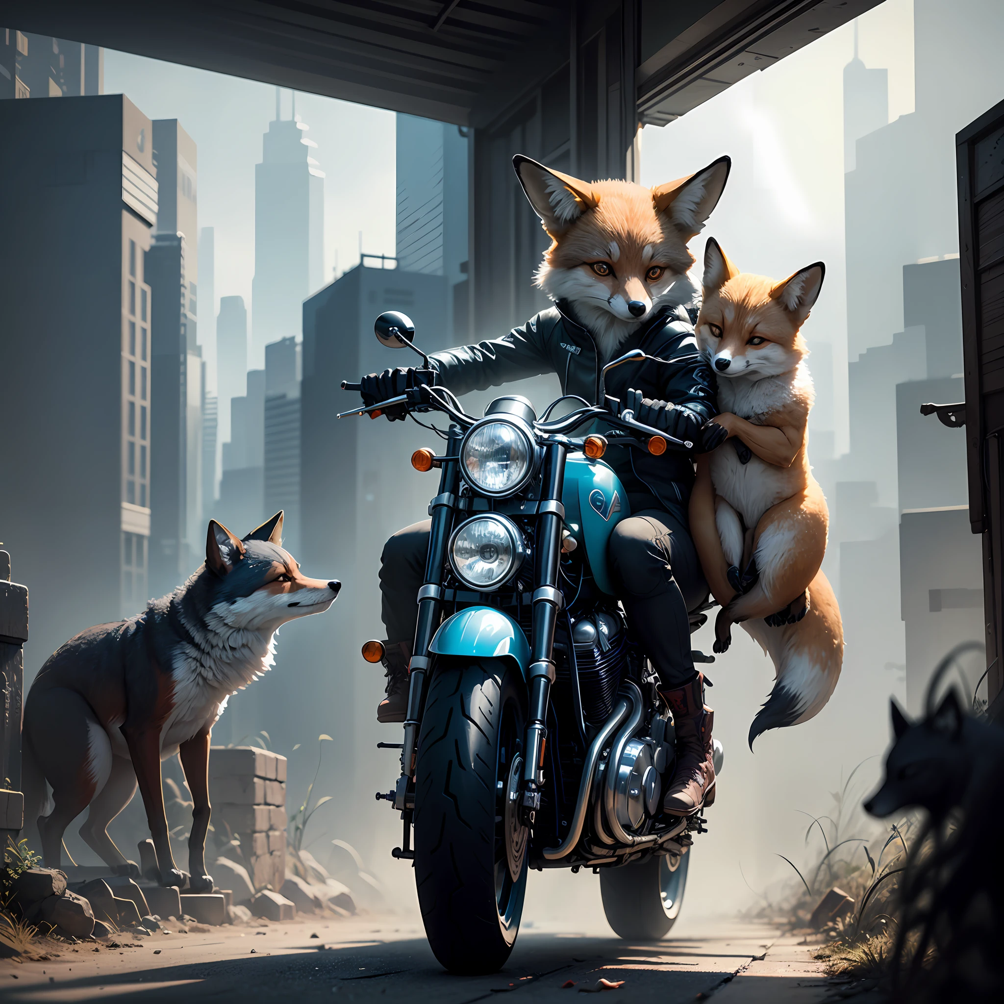 Cyberpunk motorcycle style，Paired with foxes as a themed element。The light and shadow change effect is particularly enhanced，Emphasis on radiation spots。Adjust the atmosphere and attempt to depict psychedelic effects through blue tones，I hope to create a gorgeous environment that is evocative。 --auto