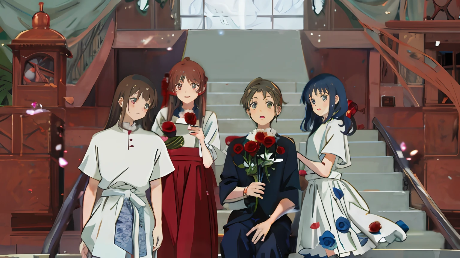 Anime characters standing on stairs，Flowers in hand, kyoto animation key visual, kyoto animation still, in style of kyoto animation, official anime still, Kyoto Animation, kyoto animation anime key visual, Official anime artwork, anime still frame, official fanart, slice of life anime, Today's featured anime stills, promotional art, Official artwork, Official illustration, offcial art，expressionless eyes, lonely, eyeball, anime, anime style, chiaroscuro, god rays, masterpiece, high quality