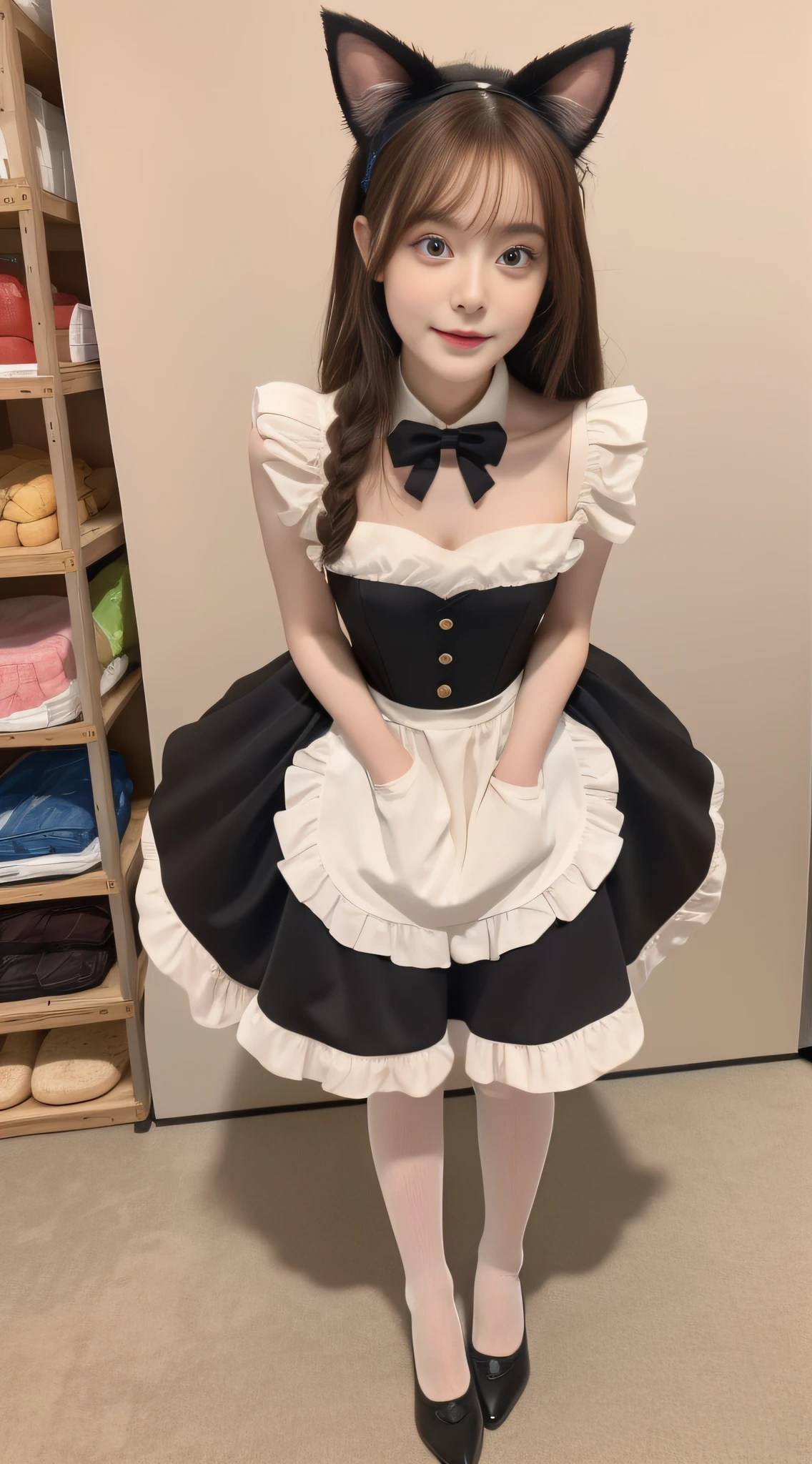 (true to life,Photorealistic 1.5),((best qualtiy, 8K, tmasterpiece:1.3)), (二重まぶた,largeeyes:1.3),(The expression is pitiful 1.5),(Full body photo 1.5)(Aggrieved expression 1.5)Clear focus 1.2, Perfect body beauty:1.4 , Delicate skin1.1,(Brown hair 1.2),(Delicate facial features1.4),(Pure desire 1.3)(Little Lori 1.5)(JK skirt 1.2)black lence stockings,Maid dress-up,Cat ears dressed up at Comic-Con