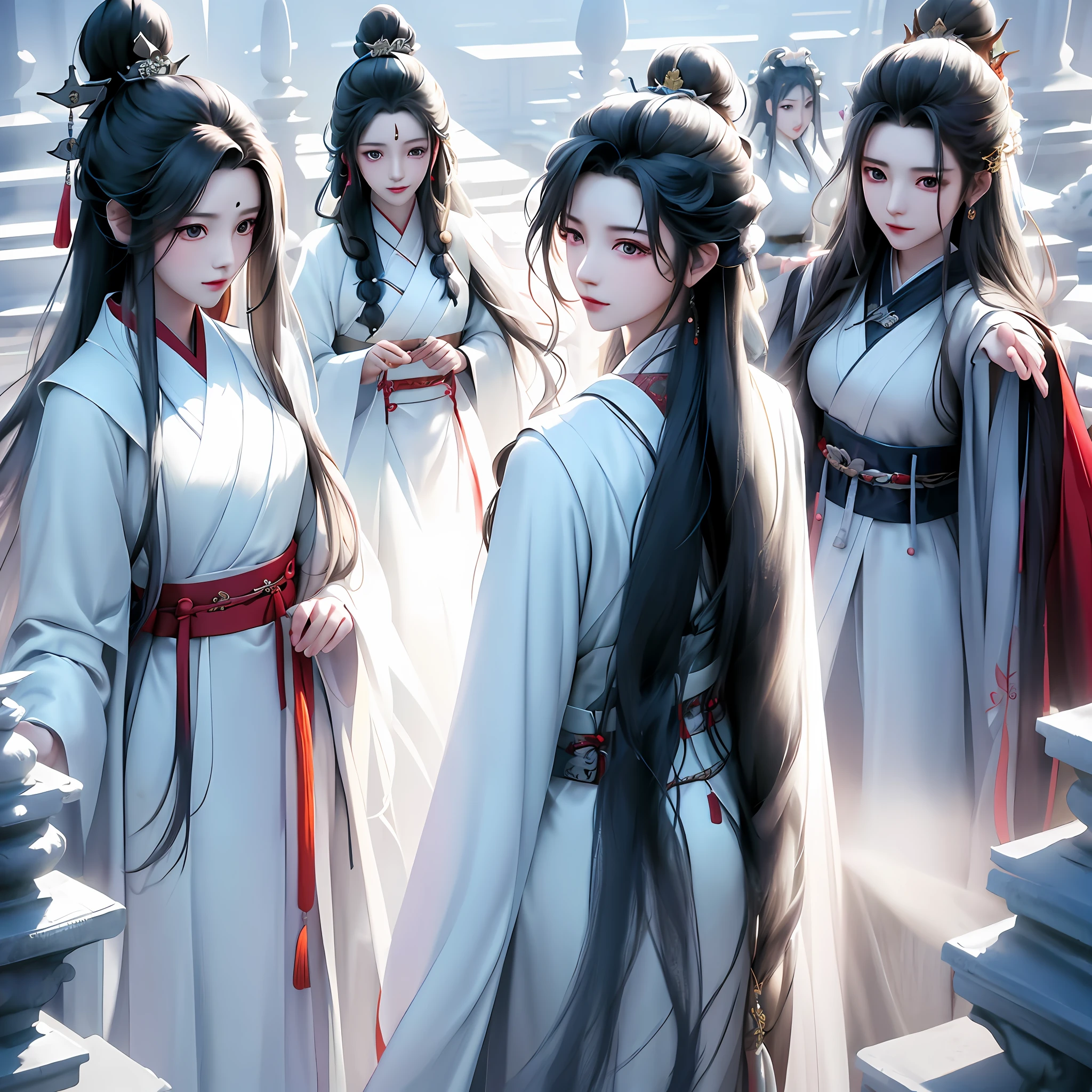 Anime characters standing in a row in traditional Chinese costumes, flowing hair and long robes, flowing white robe, Guviz-style artwork, by Yang J, Palace ， A girl in Hanfu, Guviz, full-body wuxia, Beautiful character painting, author：Qu Leilei, xianxia fantasy, Guweiz in Pixiv ArtStation