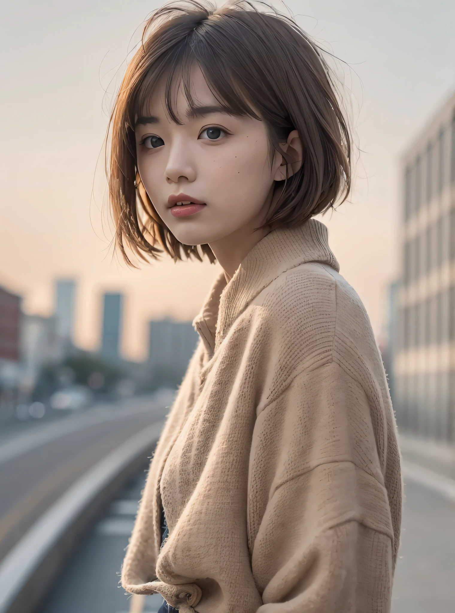 Specific to a young woman with short hair，Wear outfits，Funny expressions，Squint into the sky，A look of impatience，clean backdrop，Light brown background，natural soft colors