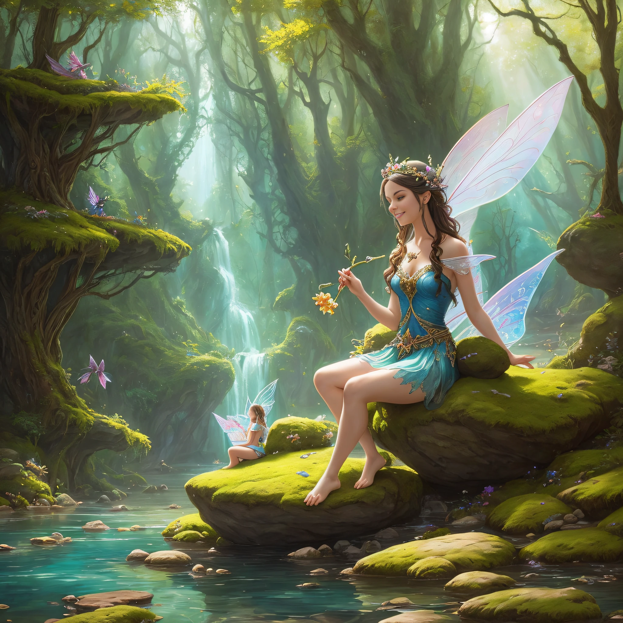 painting of a beautiful fairy sitting on a rock in a lake, smiling, by Cynthia Sheppard, portrait of fairy, beautiful fantasy art, queen of the fairies, breathtaking fantasy art, fairy dancing, portrait8k ultra high definition masterpiece photo))  fairytale artwork, faerie, realistic fantasy illustration, fairy, Tyler edlin fantasy art, very beautiful fantasy art, beautiful fairy --auto