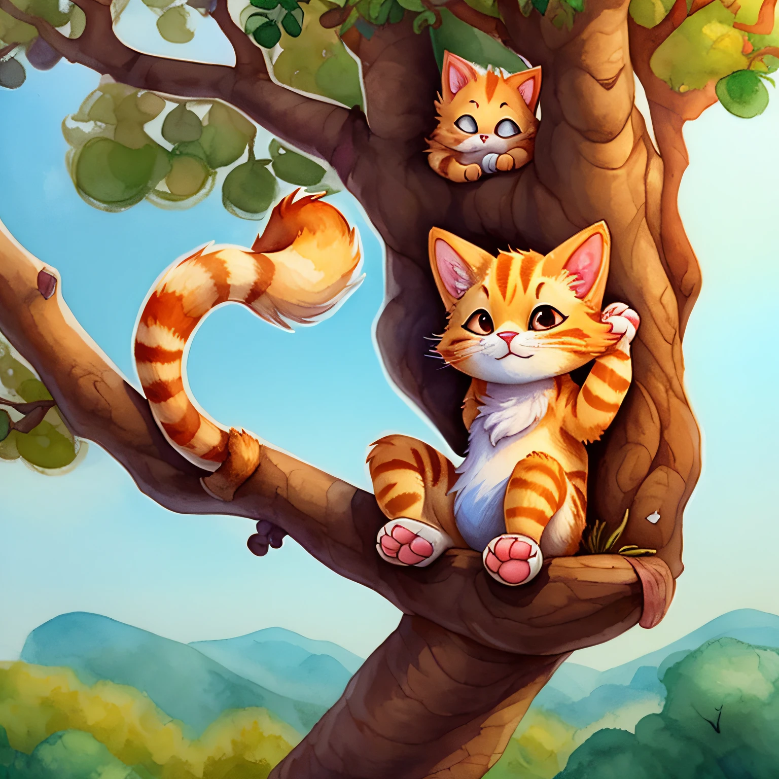 A curious tabby cat named Robby stretching his paws in the entrance of a tree hollow, bathed in the morning sunlight, with a bird chirping on a nearby branch, his face relaxed and peaceful. Fresh colors Watercolor.