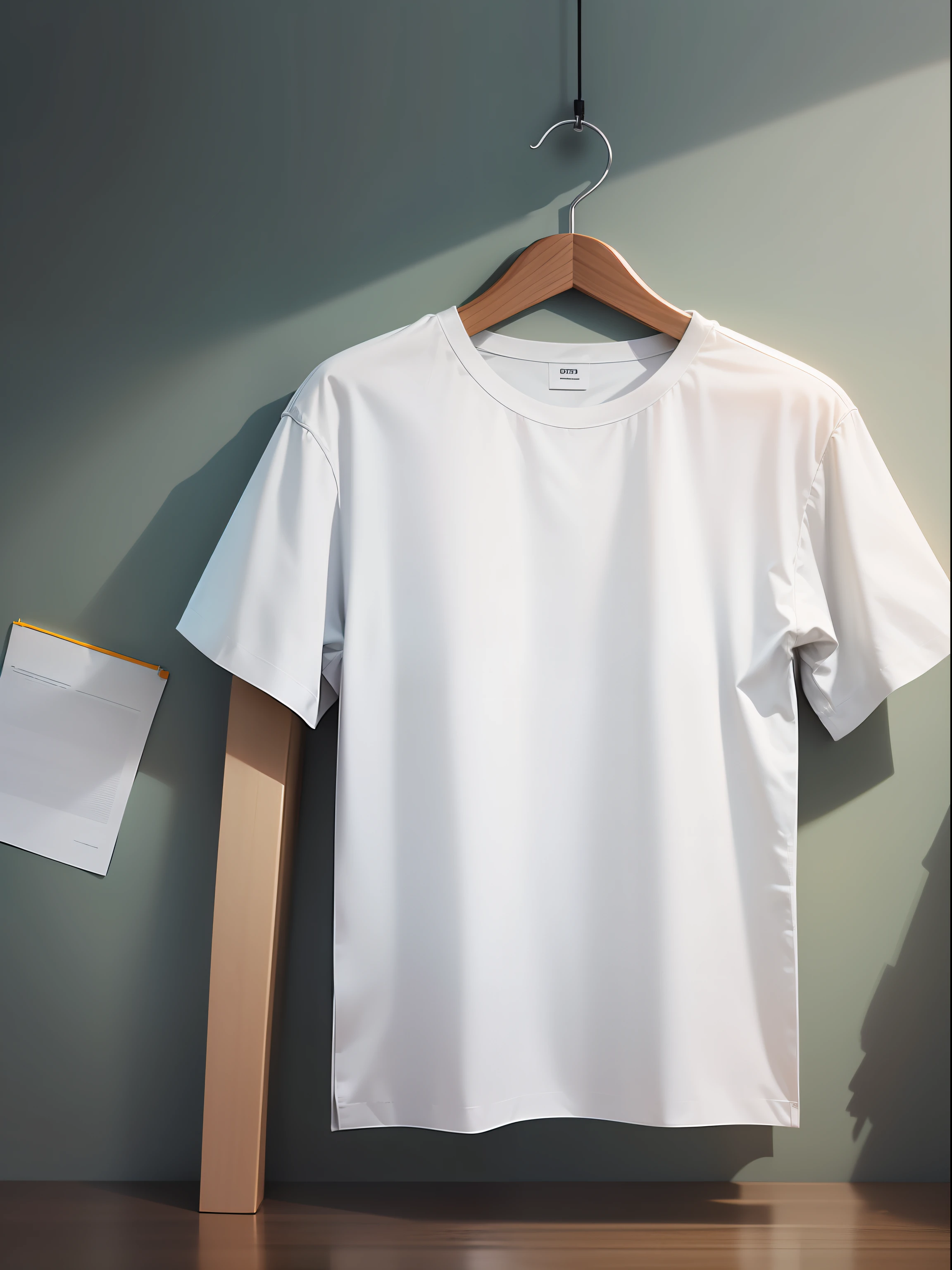 (high quality mockup photo),white t-shirt on table,perfectly fitted,(showcasing the clean lines of the shirt),(subtle shadow and highlight),idea board inspiration,innovative look, modern minimalist fashion.