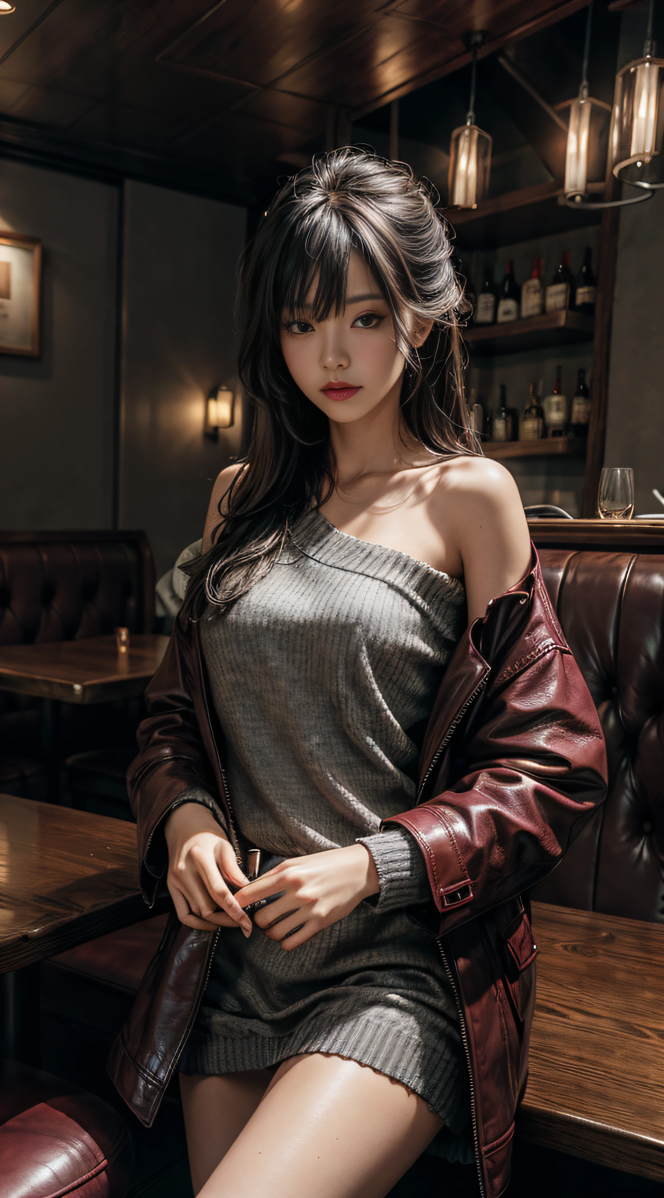 Gray sweater,Extra-long hair,Exposed shoulder,Burgundy leather coat,restaurant