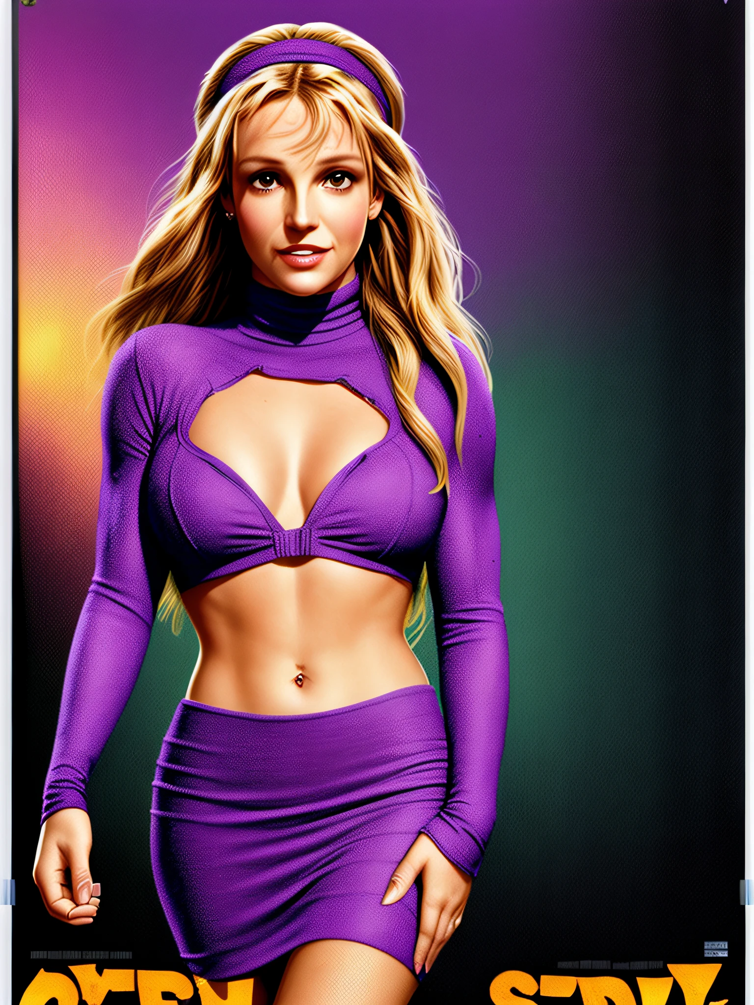 (Britney Spears) as (Daphne Blake:1.4 from Scooby Doo)
, ((large breasts), (stylish Long Side-Swept haircut and headband), cleavage purple (turtleneck) braless, (micro-skirt), pantyhose)1.2
, smiling face, dramatic, posing for movie promotion, front view
, (high detailed skin:1.2)(realistic pupils, realistic iris:1), 8k uhd
, (vhs effect, (poster:1.6), nostalgia, movie poster effect, (skin texture), intricately detailed, fine details, hyperdetailed, raytracing, subsurface scattering, diffused soft lighting, shallow depth of field, by (Herb Ritts)), ((Scooby Doo) in background), (full body length)1.3