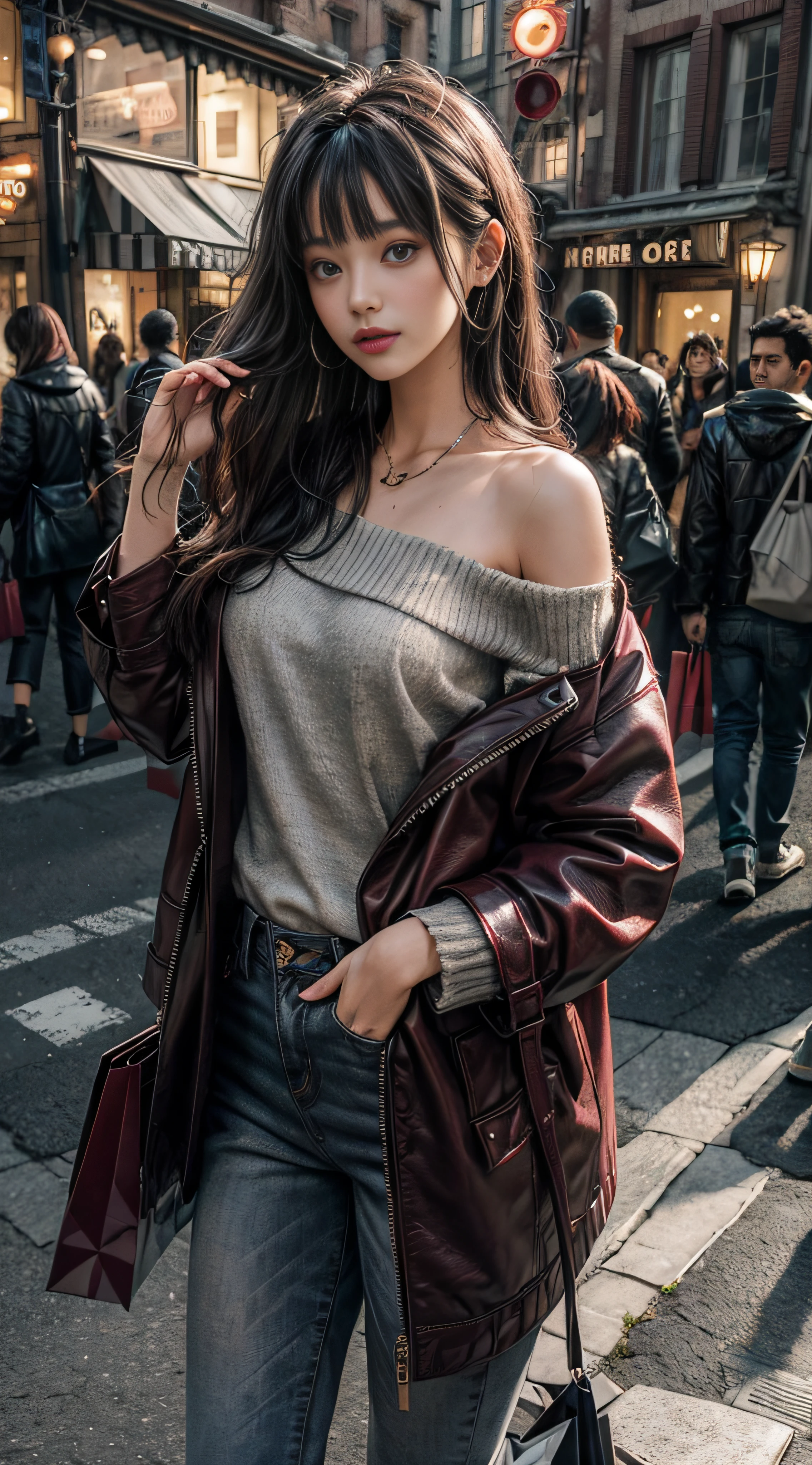 Gray sweater,Extra-long hair,Exposed shoulder,Burgundy leather coat,Shopping
