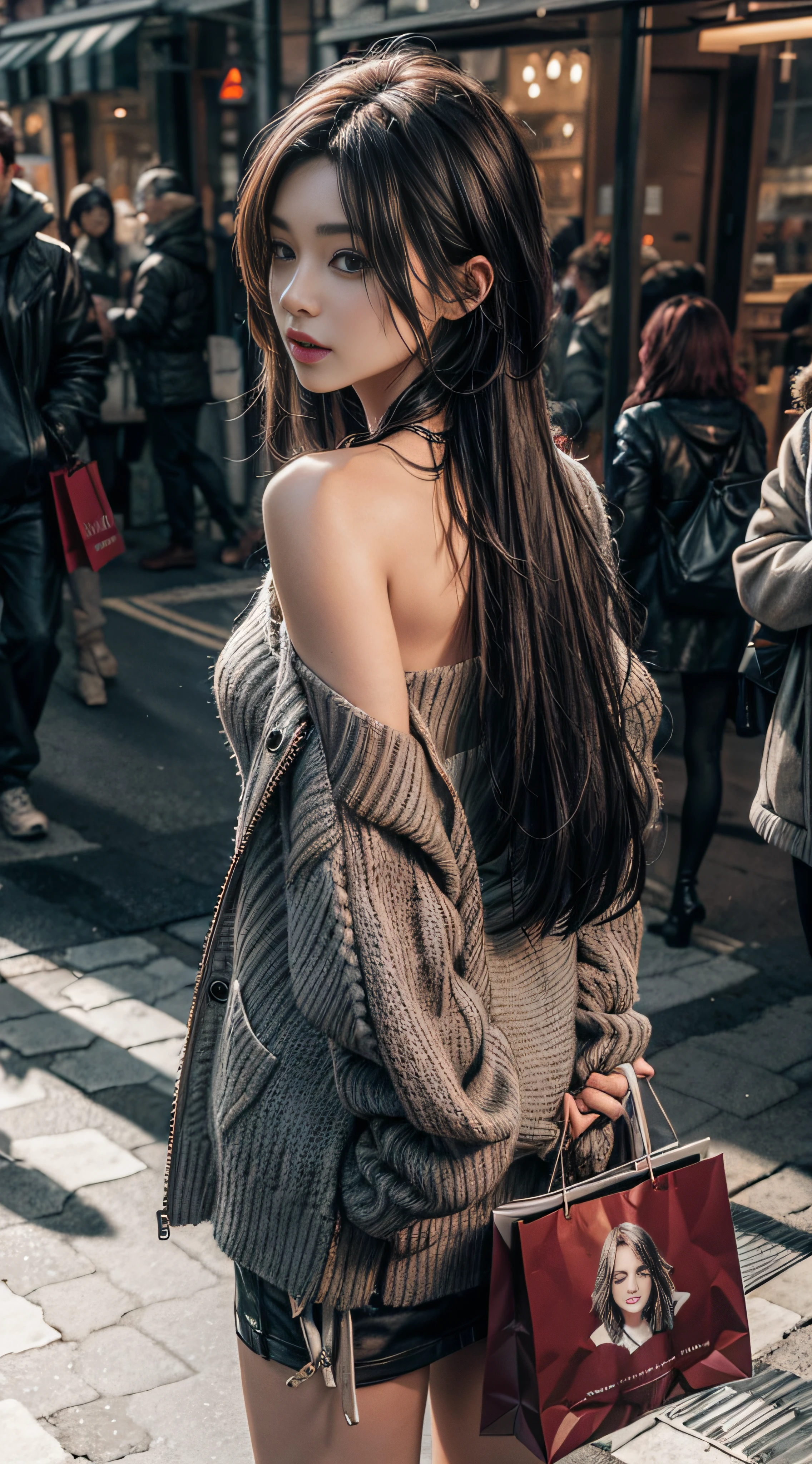 Gray sweater，Extra-long hair，Exposed shoulder，Burgundy leather coat，Shopping
