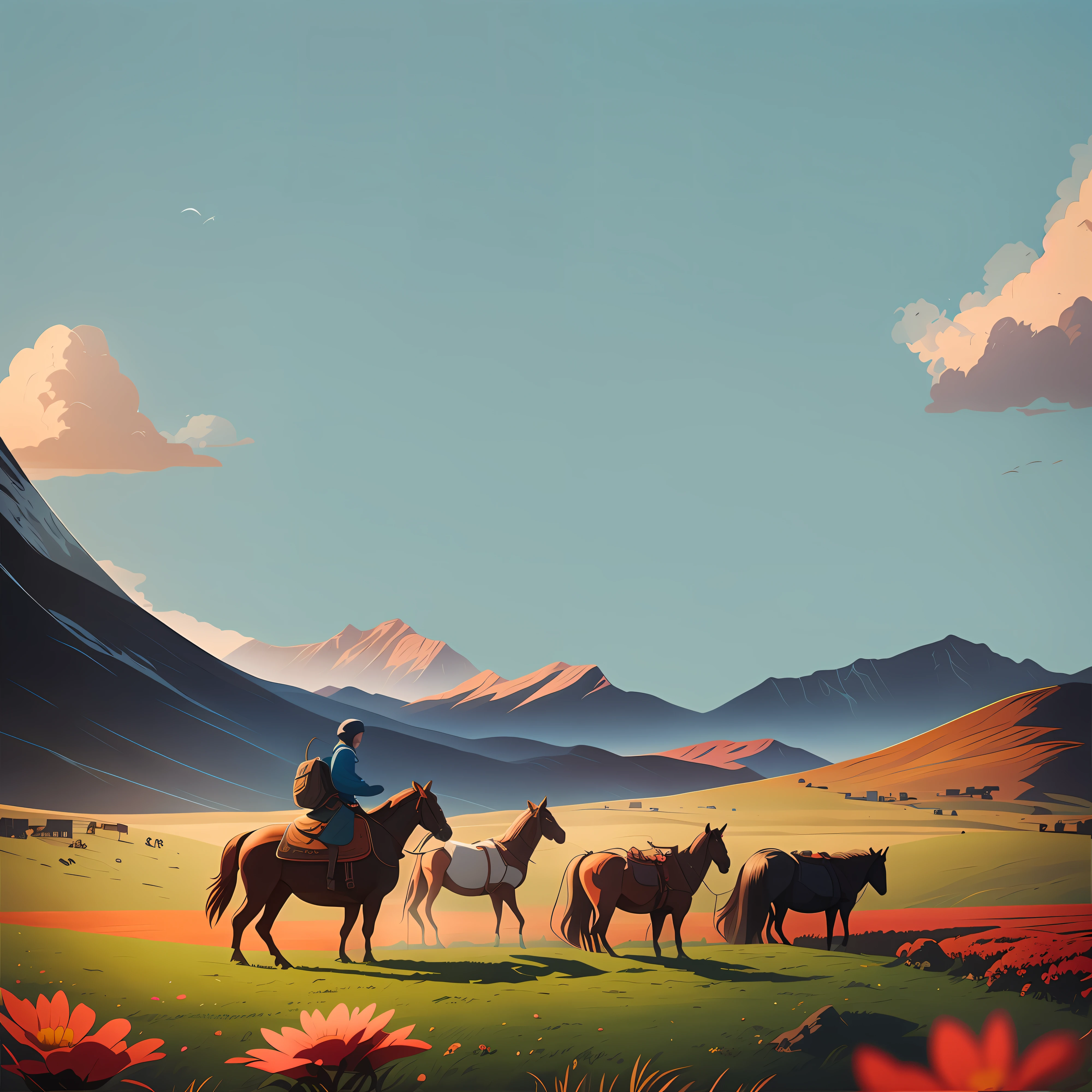 There was a man riding a horse in the field, jen bartel, film Silk Road landscape, Detailed 2D illustration, 2d matte illustration, atey ghailan 8 k, A beautiful artwork illustration, 4 k hd wallpaper illustration, traveling through the mountains, by Yang J, In the steppe, cinematic matte illustration, best on adobe stock