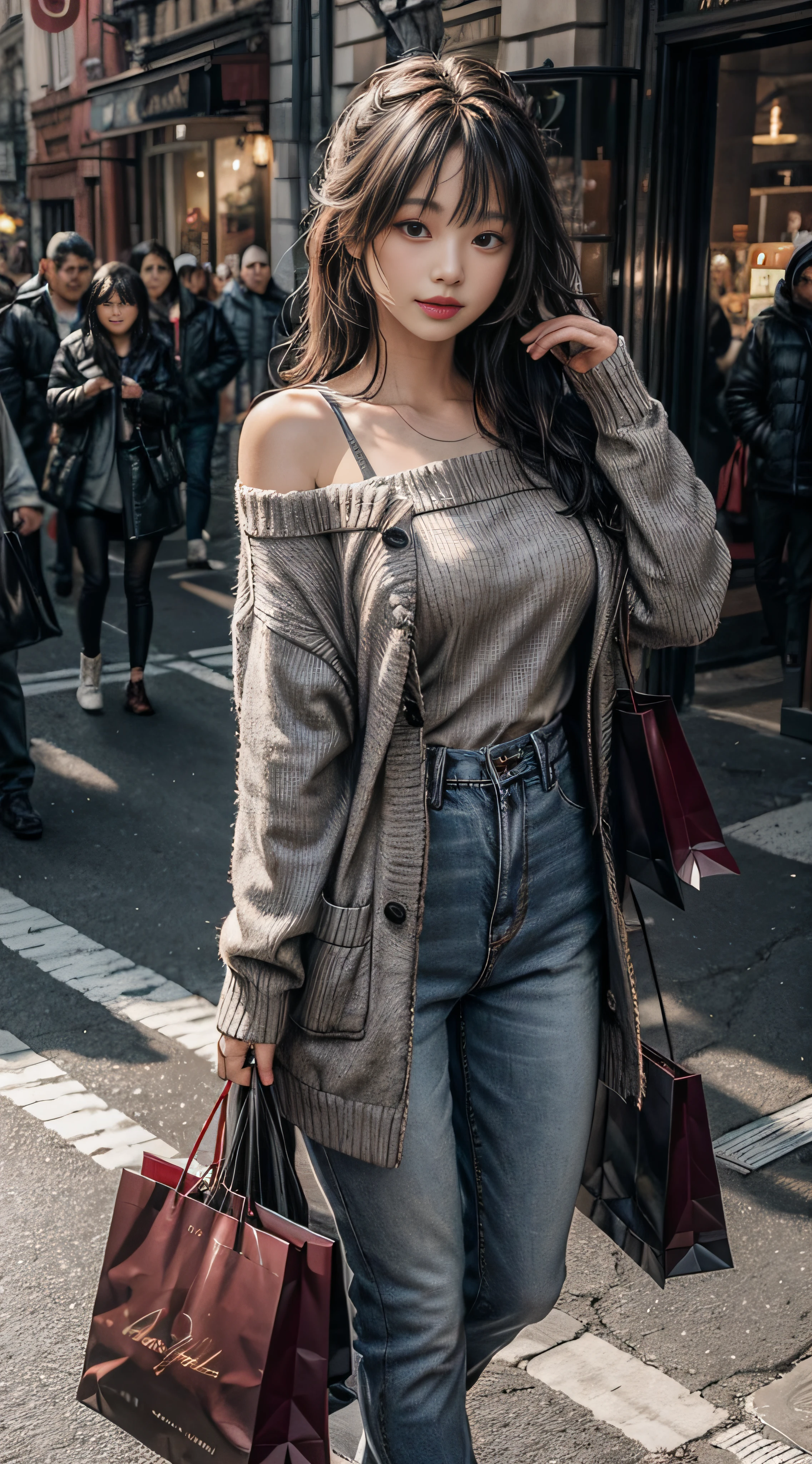 Gray sweater,Extra-long hair,Exposed shoulder,Burgundy leather coat,Shopping