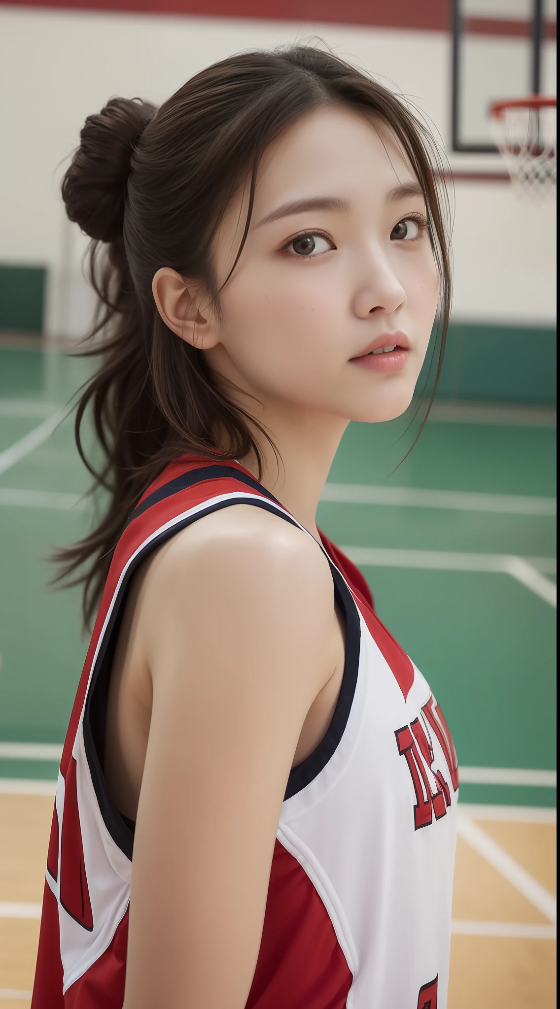 (4K、top-quality)、(realisitic、Photorealsitic)、(Yakian)、
1girl in、独奏、(face to the viewer)、basketball、Basketball Uniforms、Indoor basketball court、Bun hair、
perfect hand、
finerly detailed face、shorth hair,20yr old、