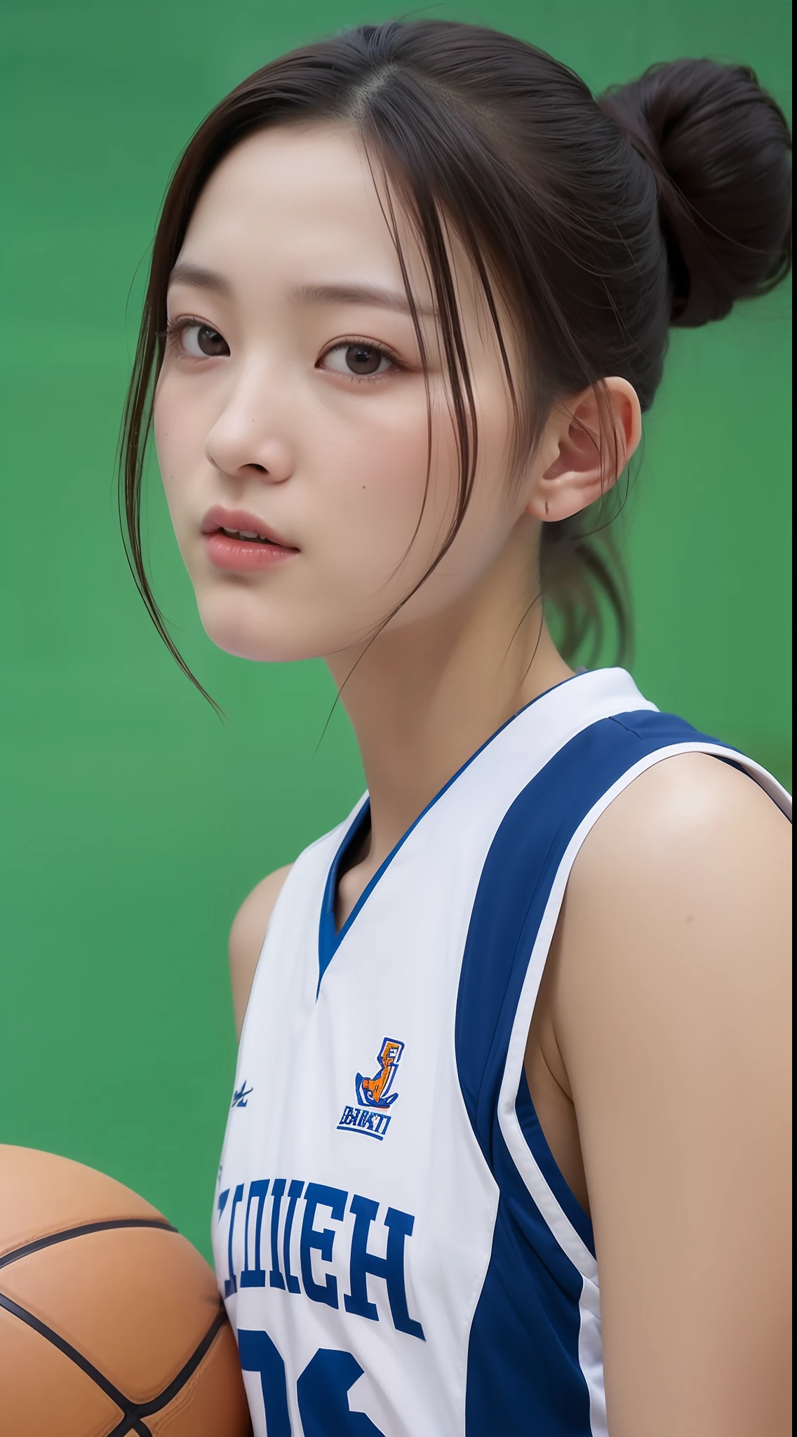 (4K、top-quality)、(realisitic、Photorealsitic)、(Yakian)、
1girl in、独奏、(face to the viewer)、basketball、Basketball Uniforms、Indoor basketball court、Bun hair、
perfect hand、
finerly detailed face、shorth hair,20yr old、
