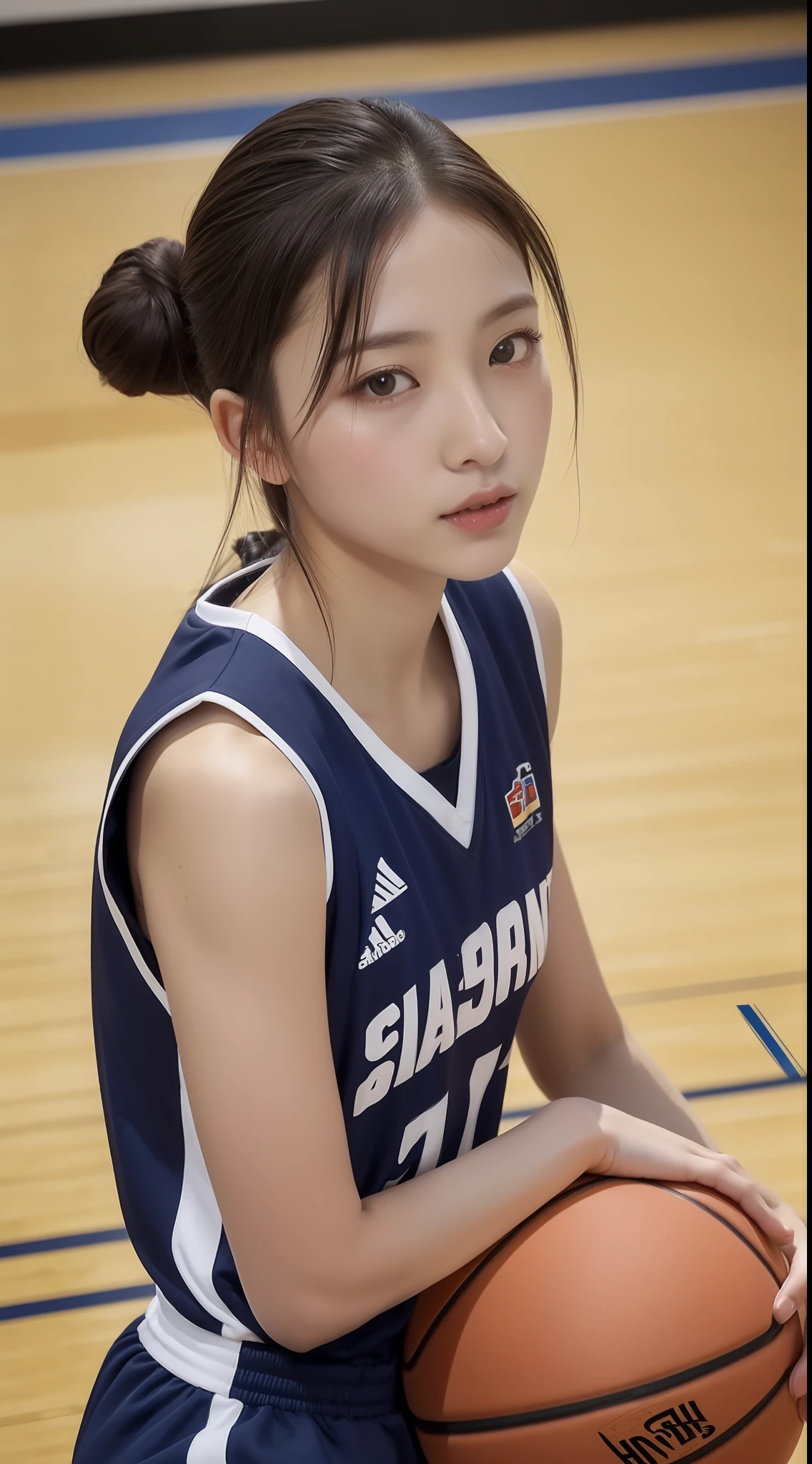 (4K、top-quality)、(realisitic、Photorealsitic)、(Yakian)、
1girl in、独奏、(face to the viewer)、basketball、Basketball Uniforms、Indoor basketball court、Bun hair、
perfect hand、
finerly detailed face、shorth hair,20yr old、