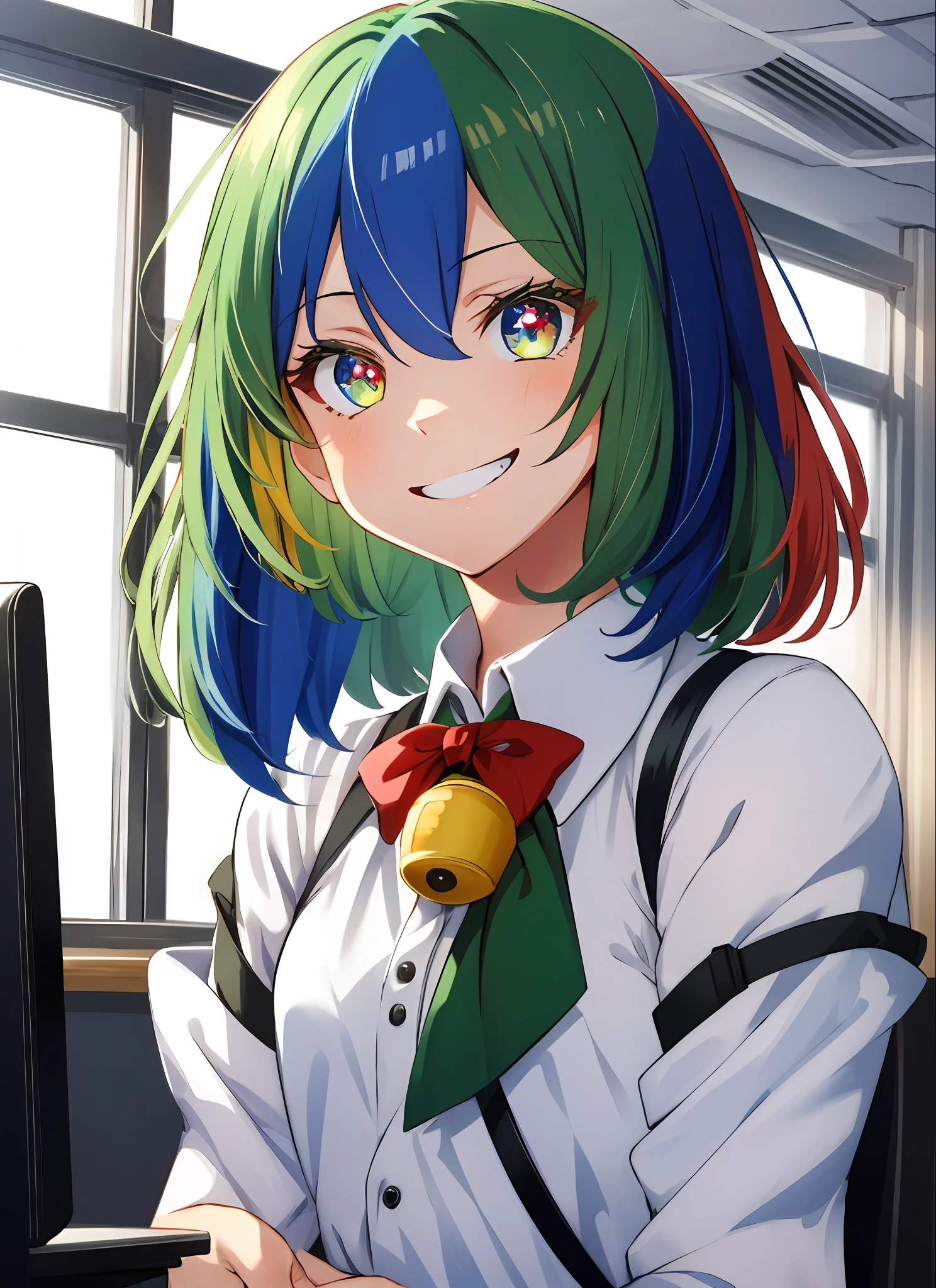 ((best quality)), ((highly detailed)), masterpiece, detailed face, beautiful face, (detailed eyes, deep eyes), (1girl), upper body, Chrome-chan, (multicolored hair, blonde hair, blue hair, red hair, green hair), medium hair, multicolored eyes, neck bell, evil smile, grin, shaded_face, glare, ((glowing eyes)), in the dark, inside, in an office, desk, computer, keyboard, standing, office chair