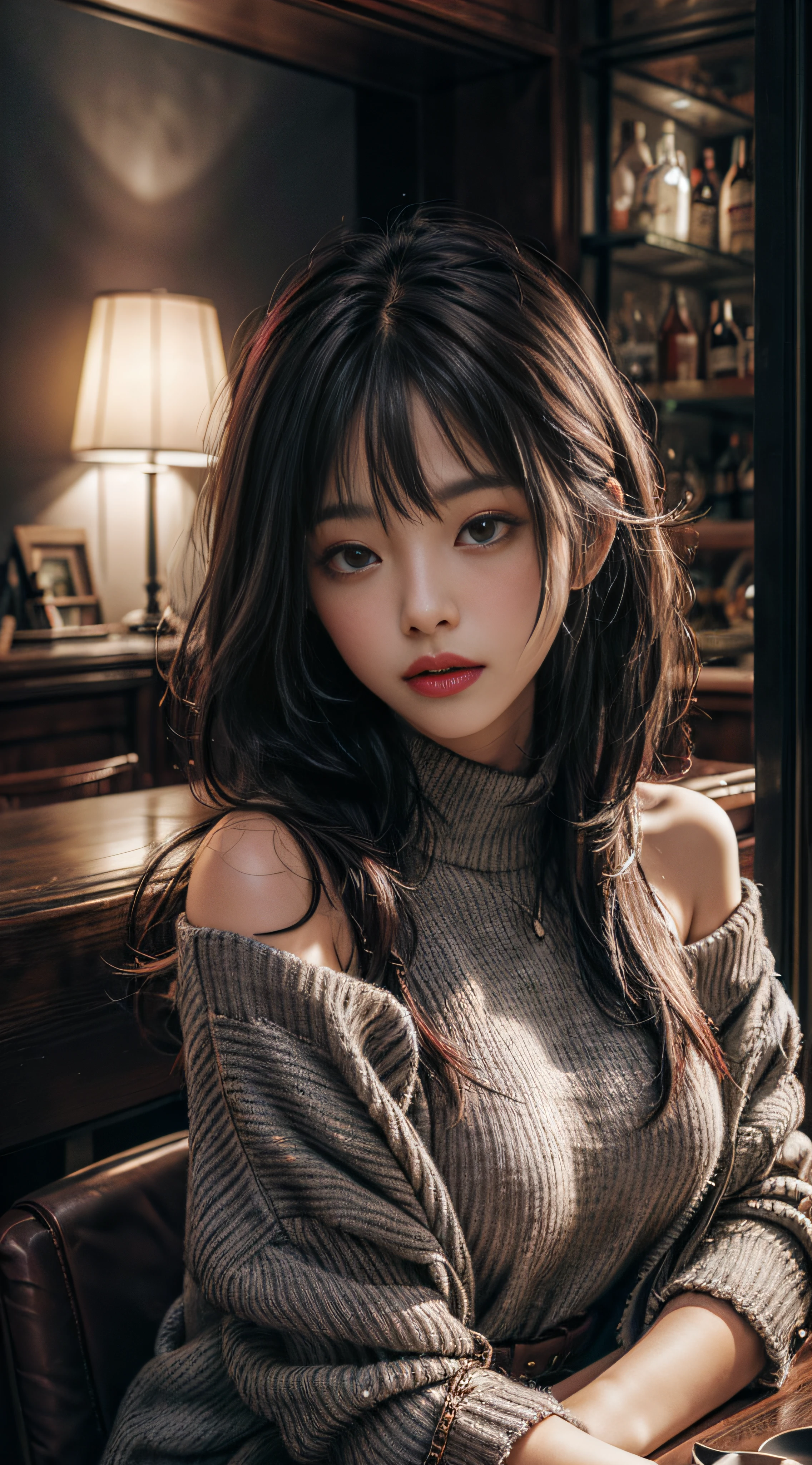 Gray sweater，Extra-long hair，Exposed shoulder，Burgundy leather coat，dining room