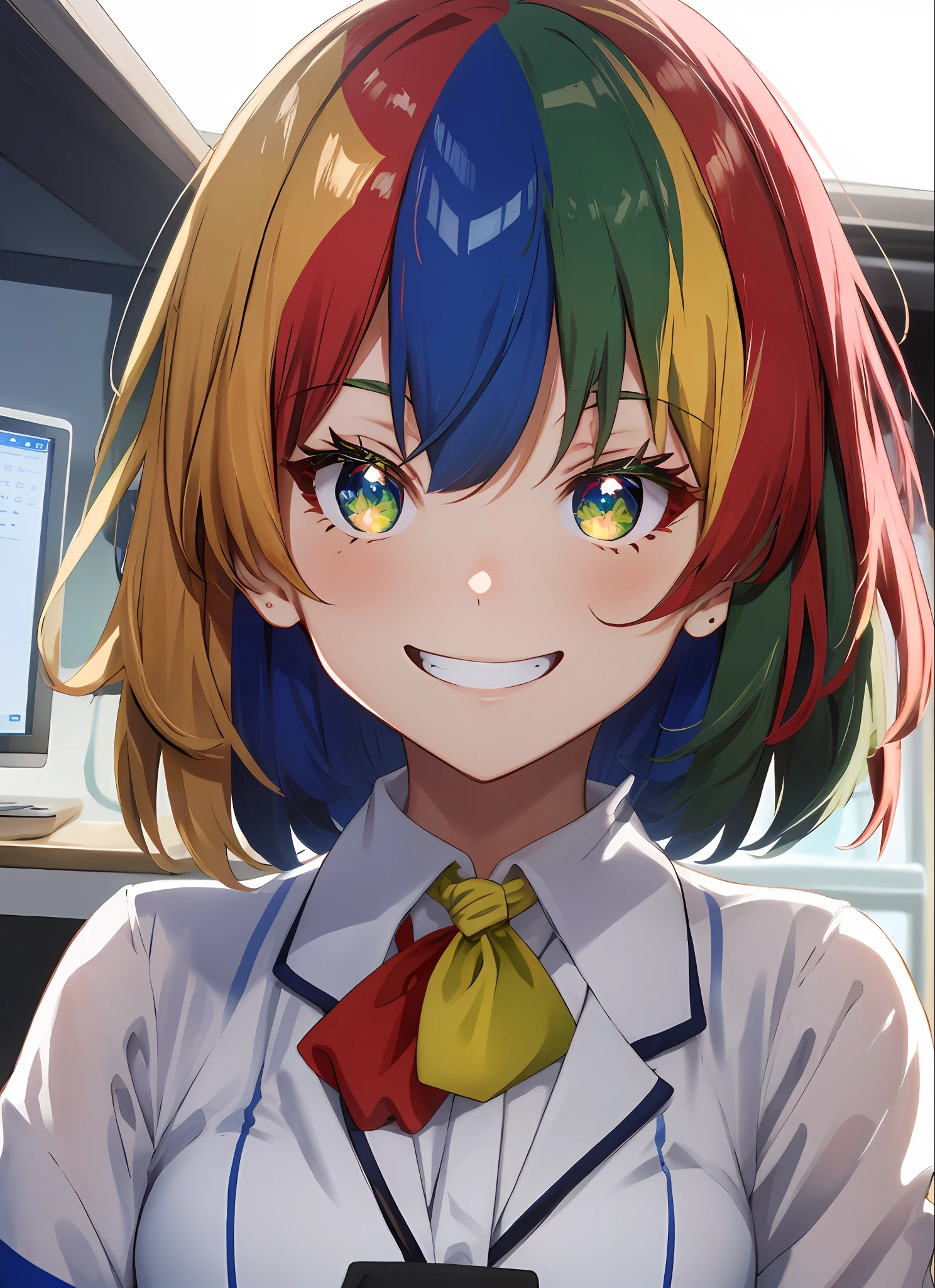 ((best quality)), ((highly detailed)), masterpiece, detailed face, beautiful face, (detailed eyes, deep eyes), (1girl), upper body, Chrome-chan, (multicolored hair, blonde hair, blue hair, red hair, green hair), medium hair, multicolored eyes, neck bell, evil smile, grin, shaded_face, glare, ((glowing eyes)), in the dark, inside, in an office, desk, computer, keyboard, standing, office chair