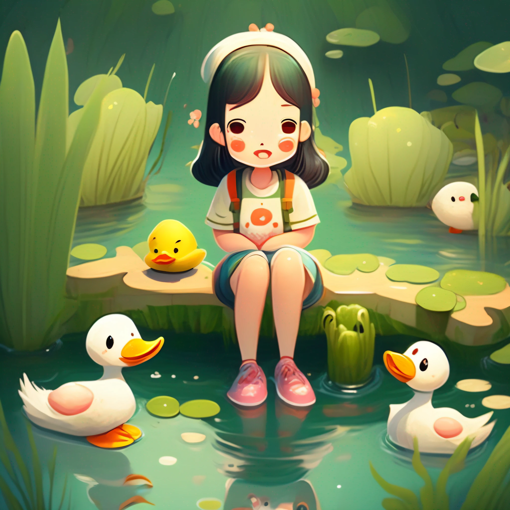 Cartoon girl with dog and duck in the pond, lovely art style, hand painted cartoon art style, 2 d illustration, 2D illustration, cute artwork, cute illustration, by Yang J, 2d matte illustration, author:Qu Leilei, in a pond, By Li Song, material is!!! water melon!!!, arte de fundo, author:Xia Gui, A beautiful artwork illustration