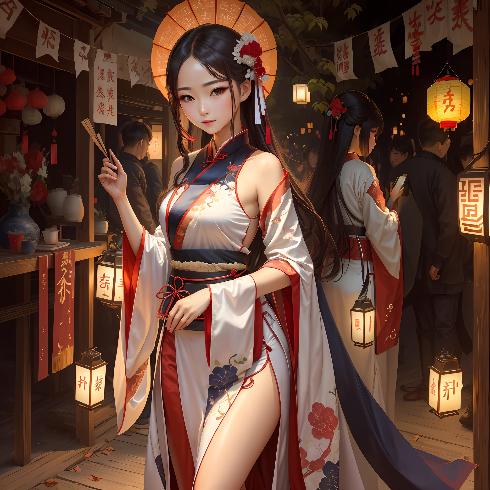 2D Girl,full bodyesbian,Hanfu,on cheongsam,Lanterns,folding fan
