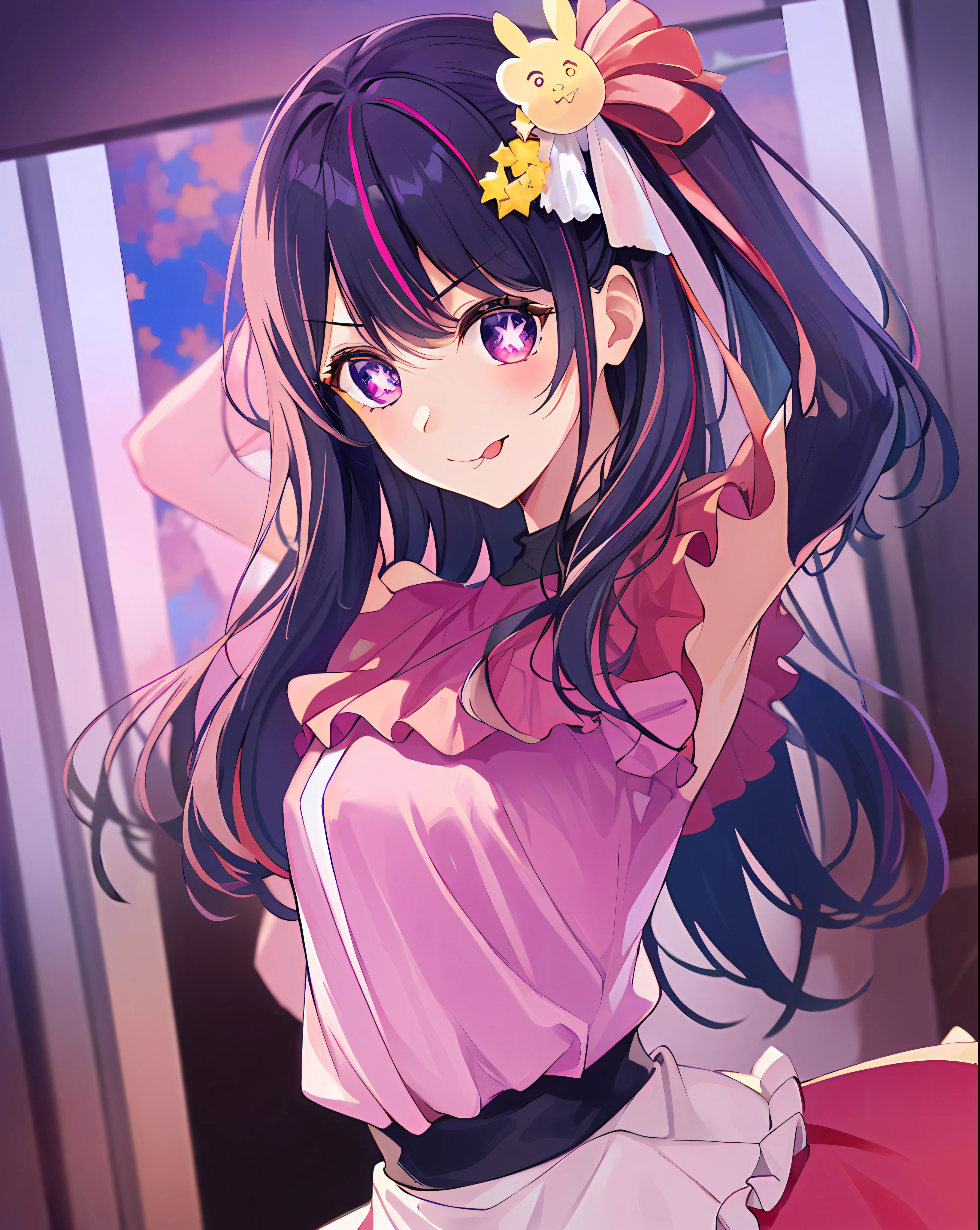1girl, full bodyesbian, Cowboy photos, (Rembrandt), illustration, (masterpiece), (best quality), (ultra_detailed), finely detail, (Depth of field), HshinoAi, mitts, Stick out her tongue, Tongue stock, long whitr hair, pop star\ (symbol\), looking at viewer, (purple hair:1.2), purple eyes, upper body, hair ornament, :p, frills, pink shirt, smile, sleeveless, shirt, idol, symbol-shaped pupils, hands up, Brags smiles,无袖,The shirt,idoly,symbol-shaped pupils,Raise Hand,By bangs,One side facing up,star-shaped bule pupils,Arms up,Skirt pulling,roaring twenties,isometry,looking from above,Skysky,blossoms,precipice,(nakeness:1.9)