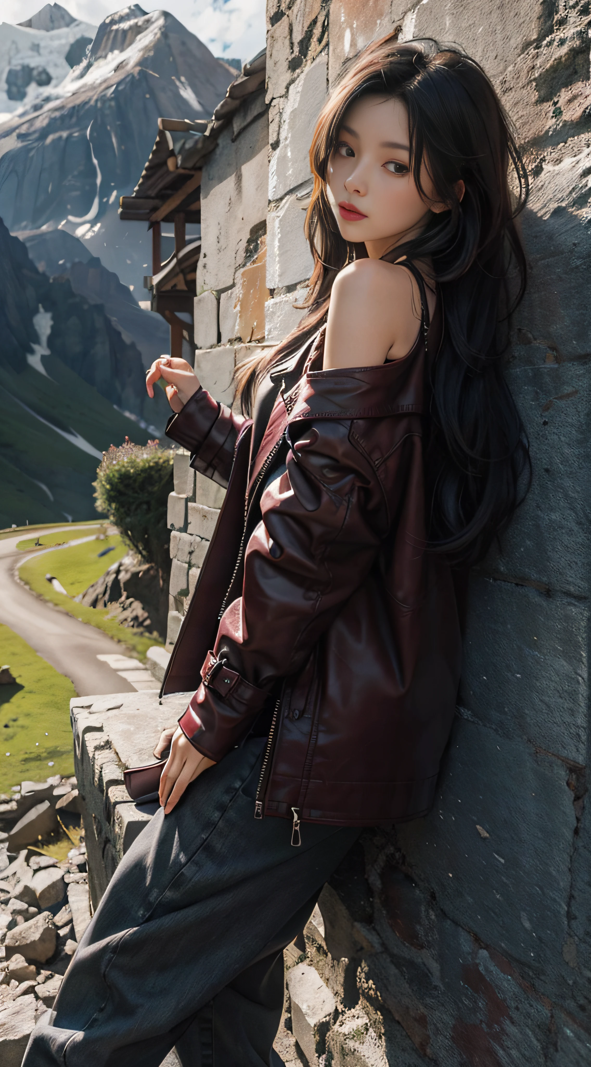 Gray sweater,Extra-long hair,Exposed shoulder,Burgundy leather coat,climbing mountain