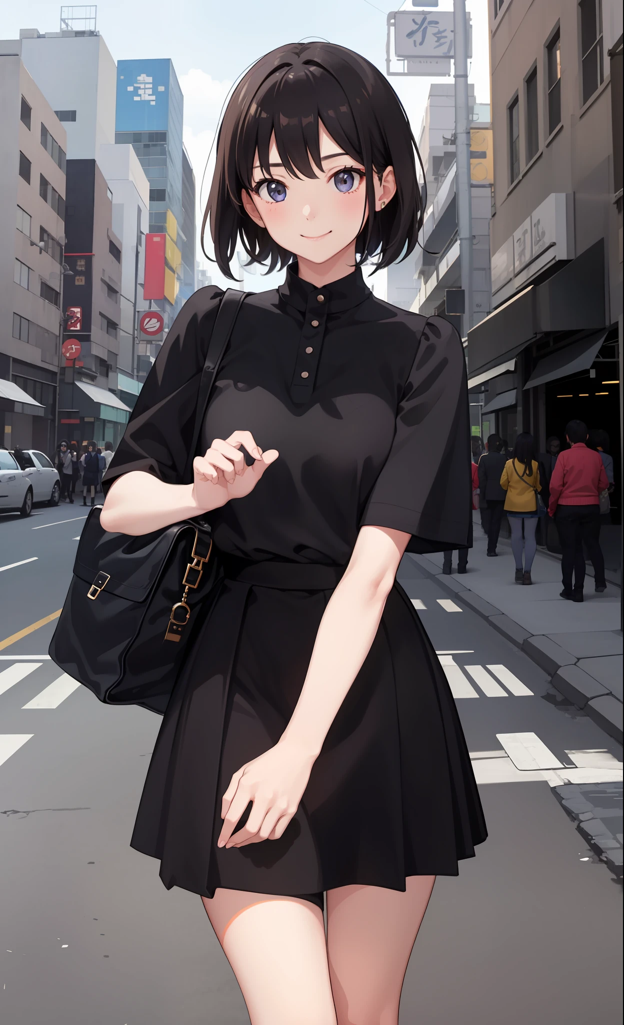 Anime girl in black dress walking down the street with a handbag ...