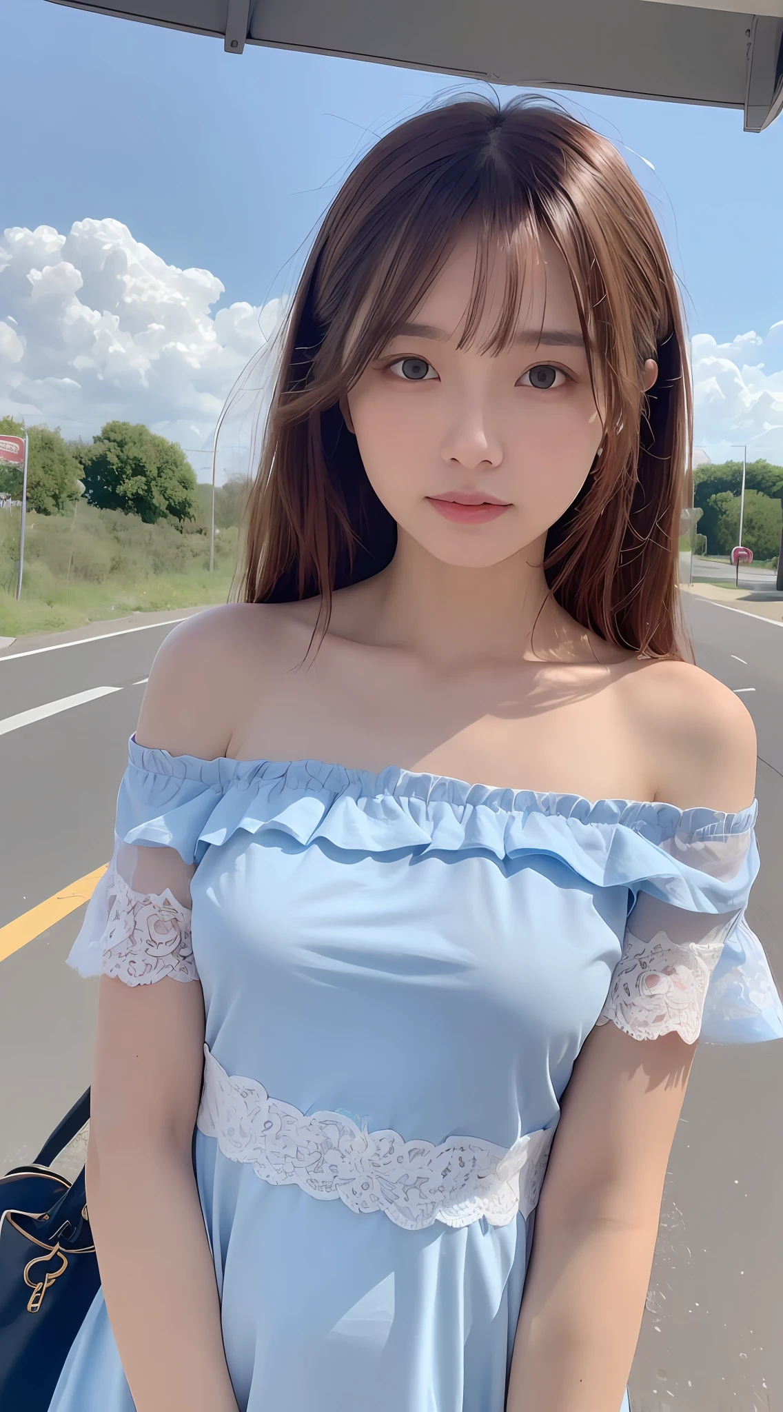 ((Realistic lighting, best qualtiy, 8K, tmasterpiece:1.3)), sharp fokus:1.2, 1girll,petty face,skinny and thin, Beautiful Women with Perfect Figure:1.4, , ((Reddish brown hair)), (Lace blue off-the-shoulder T-shirt,Floral dress 1.4),,Ultra-fine face,Fine eyes,二重まぶた,with blue sky and white clouds,In the vast steppe sky road。