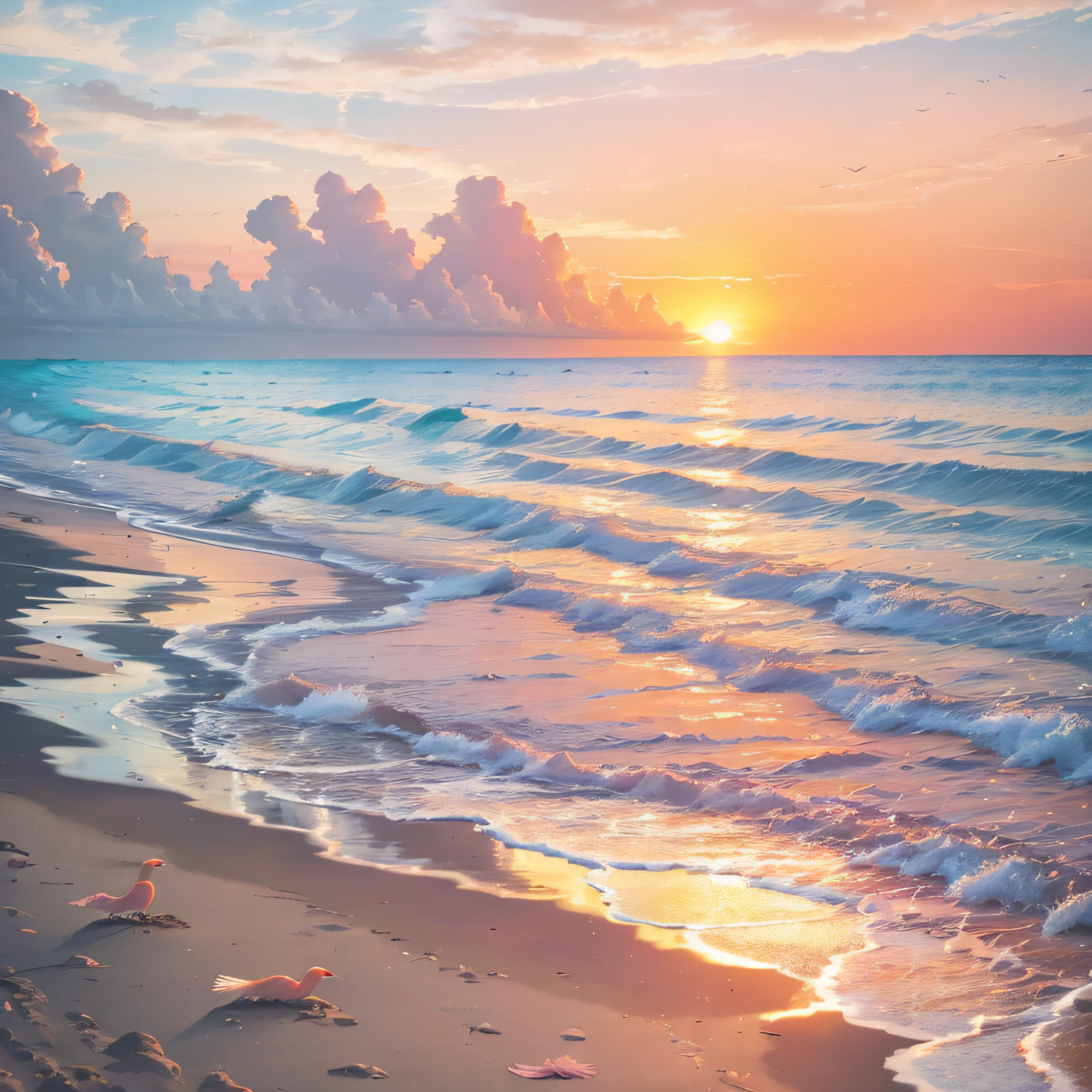 Absolutely mesmerizing sunset on the beach with a mix of oranges, pinks and yellows in the sky. The water is crystal clear, gently kissing the shore, and the white sand is endless. The scenes are action-packed and breathtaking, with seagulls soaring high in the sky and palm trees swaying gently. Immerse yourself in the calm atmosphere and let the serenity surround you. --auto