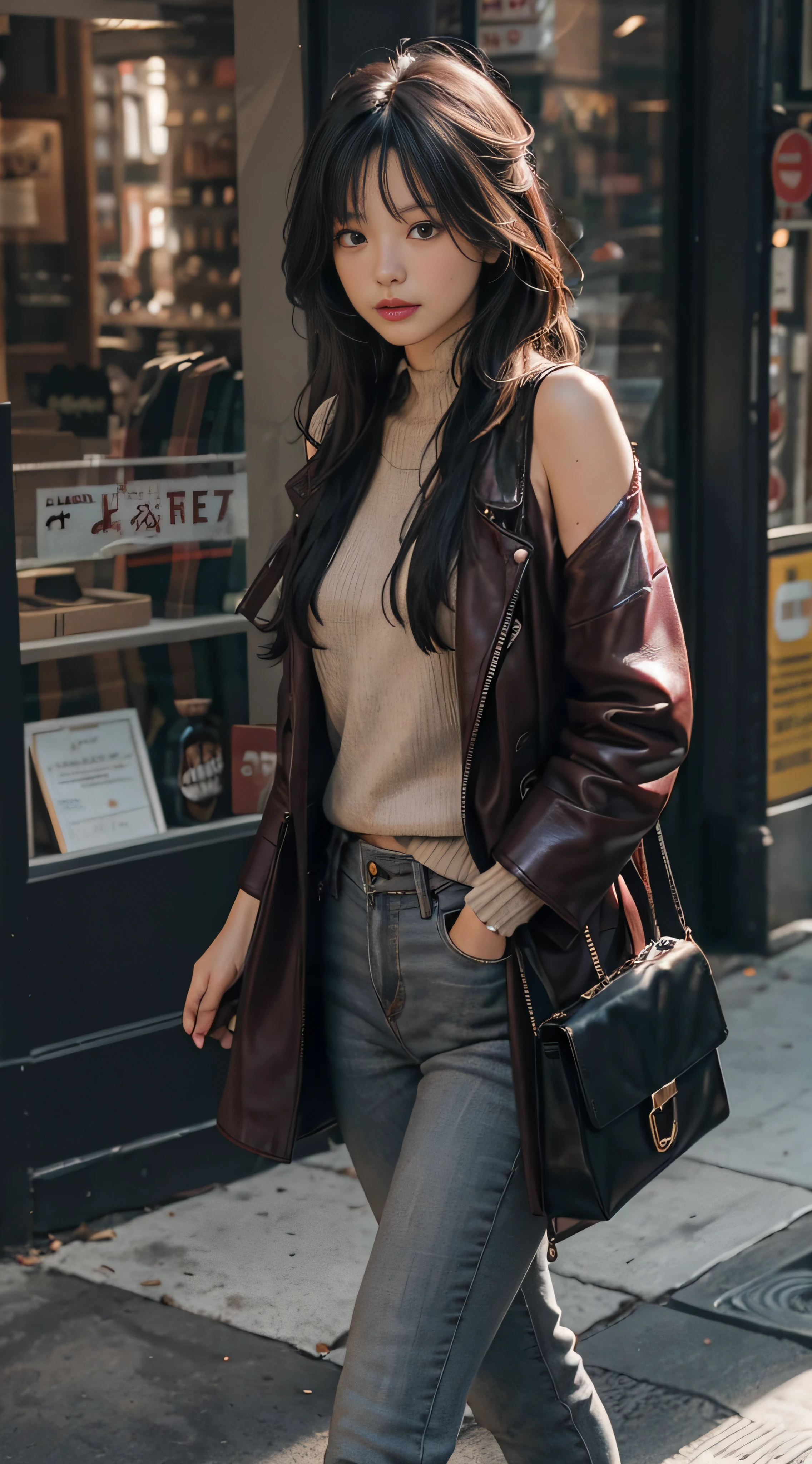 Gray sweater,Extra-long hair,Exposed shoulder,Burgundy leather coat,Love