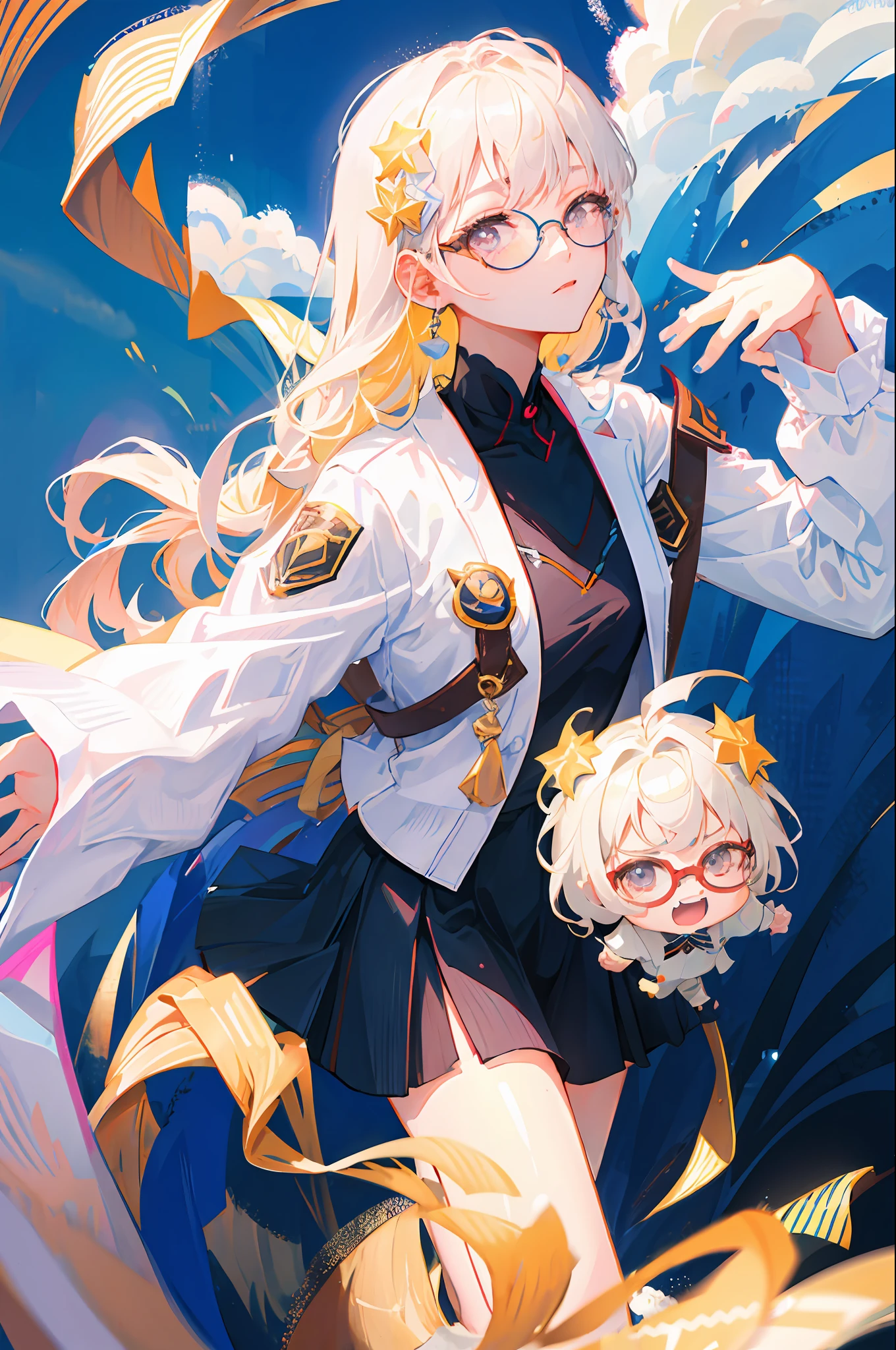 Best quality, 超高分辨率, (Photorealistic:1.4), 1womanl, sleeveless white button shirt, Black skirt, Black choker, ((Glasses)), (Kpop idol), (aegyo sal:1), (Platinum blonde hair Gray hair:1), ((Puffy eyes)), view the viewer, full body, Flowers