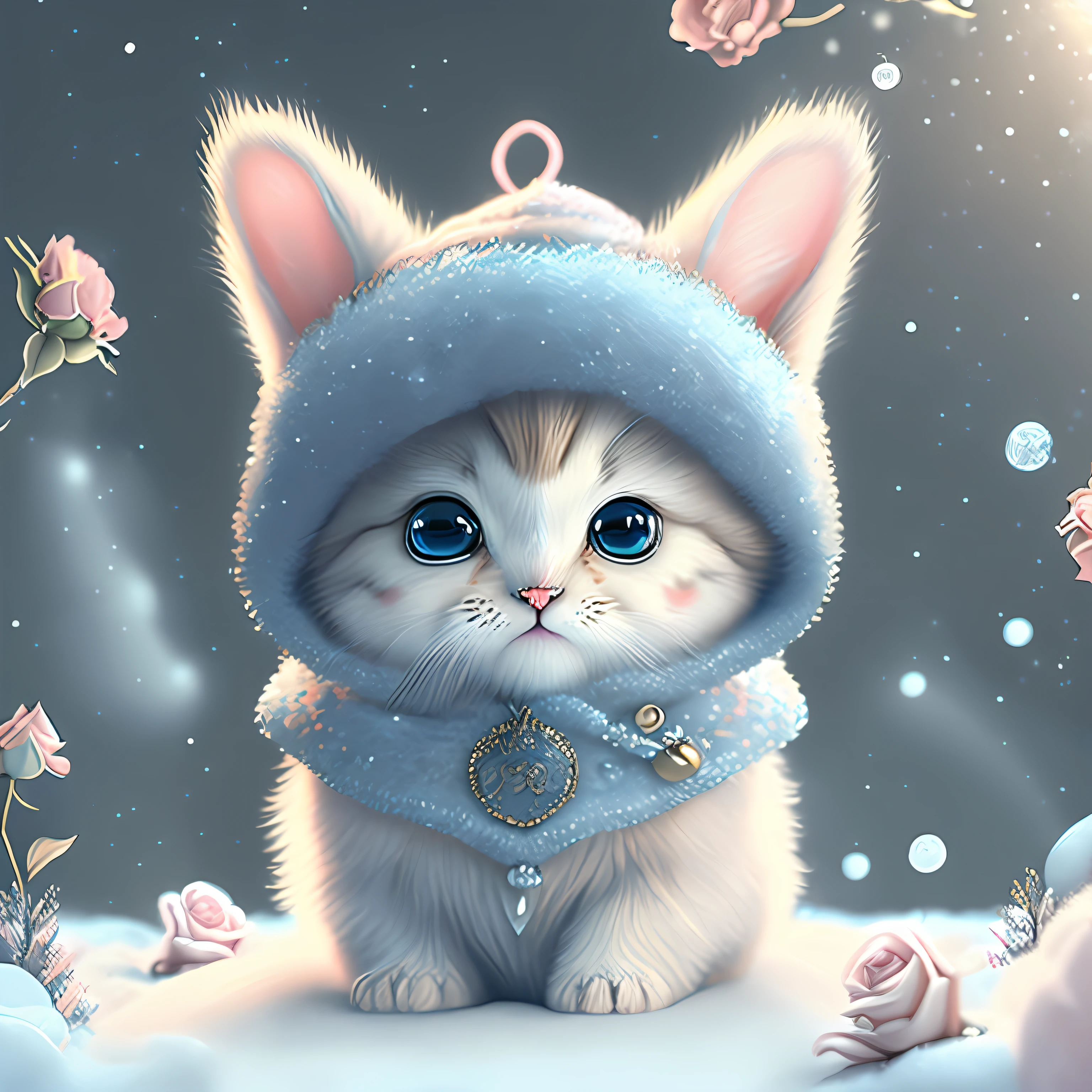 (The best picture quality,A high resolution,Ultra-detailed CG art),(fanciful+Cute animals+Ethereal style),Kitten surrounded by beautiful roses,Intricate and detailed。