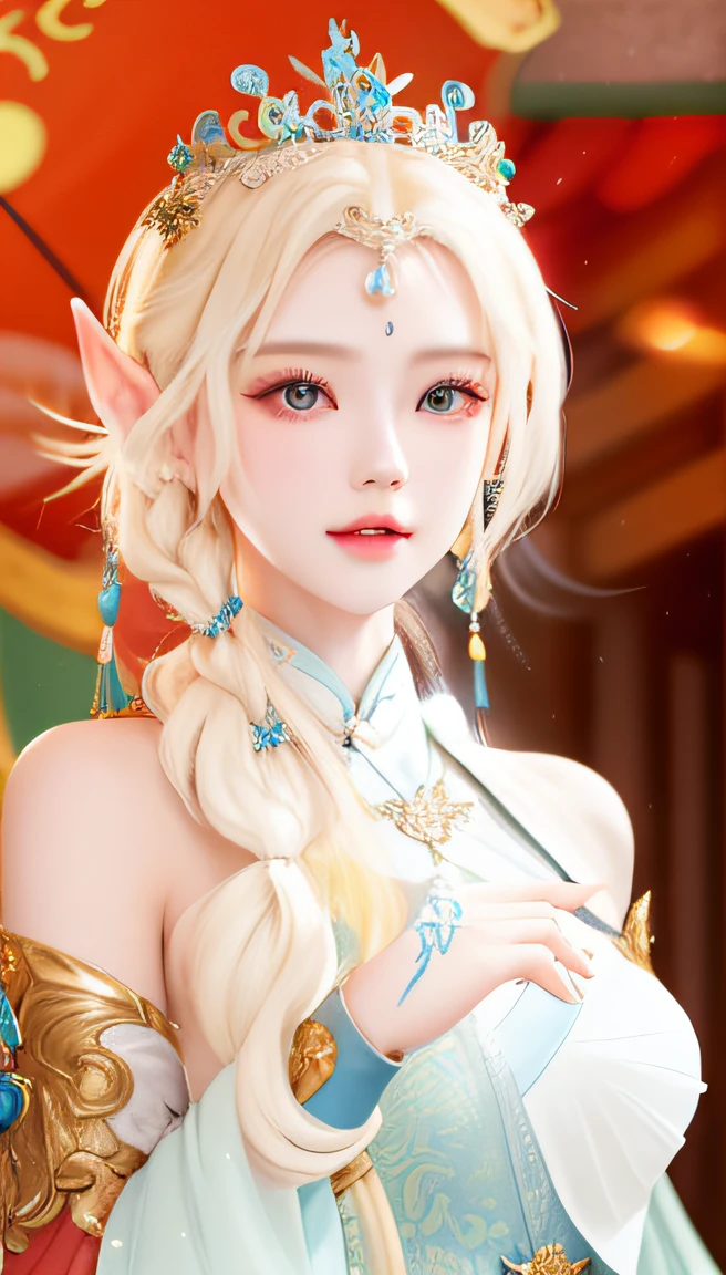 ((best qualtiy, 8k, tmasterpiece:1.3)), Focus:1.2, perfect figure beautiful woman:1.4, Cocked buttocks:1.2, ((Cut hair in layers, Beautiful breasts:1.2)), (wetclothes:1.1) , (Rain, Street:1.3), Bandeau Dress:1.1, Highly detailed facial and skin texture, A detailed eye, 二重まぶた,Whiten skin,long whitr hair,a close up of a woman wearing a tiable and a dress, queen of the sea mu yanling, beautiful and elegant elf queen, beautiful elven princess, a beautiful fantasy empress, ((a beautiful fantasy empress)), very beautiful elven top model, xianxia fantasy, Elf Princess, elven princess, Gorgeous Role Play, beautiful teenage girl, shaxi