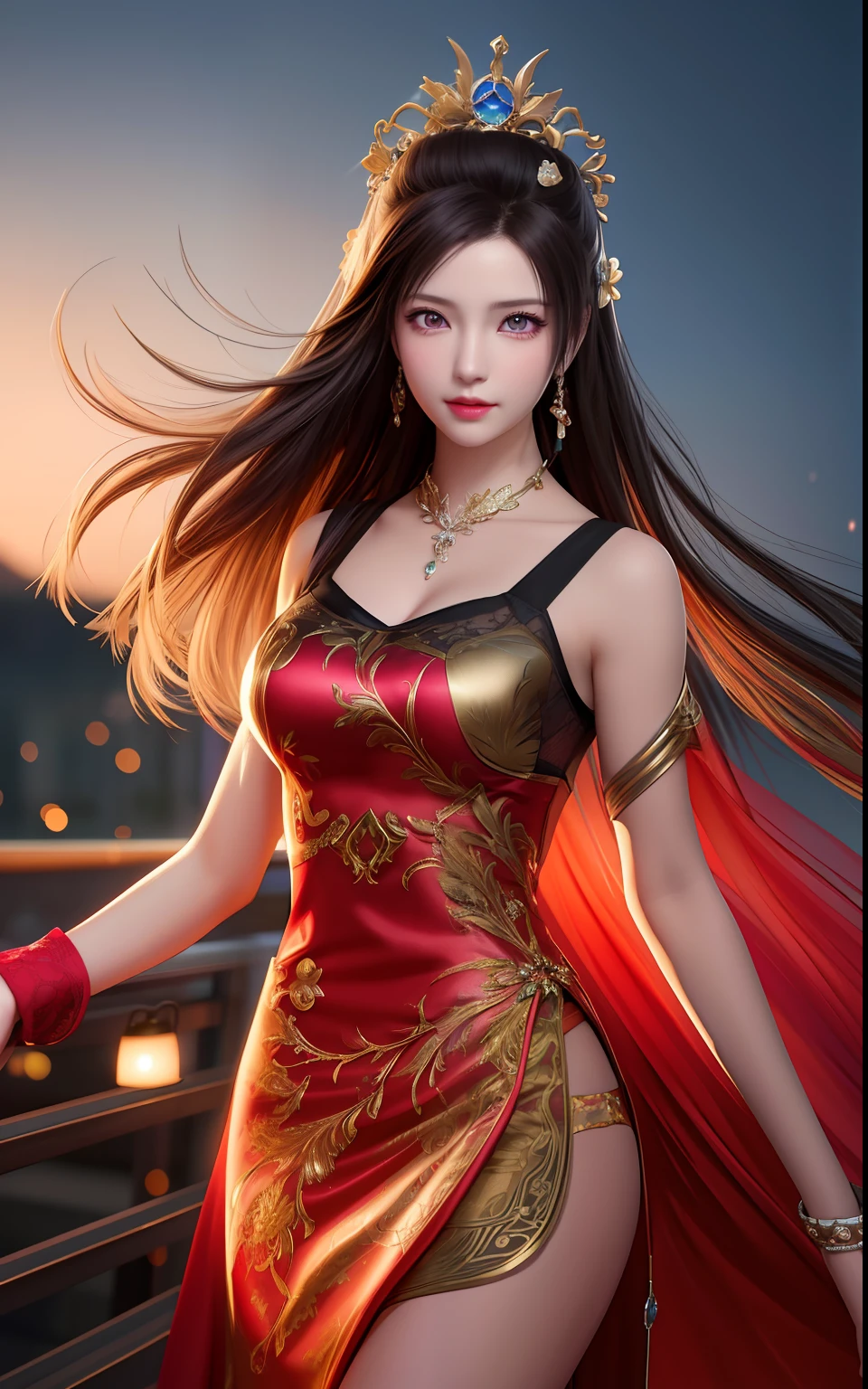 a close up of a woman in a red dress with long hair, beautiful alluring anime woman, a beautiful fantasy empress, inspired by Du Qiong, seductive tifa lockhart portrait, ((a beautiful fantasy empress)), seductive anime girl, beautiful anime woman, glamorous tifa lockheart, beautiful avatar pictures, mai shiranui, lady in pink armor, tifa, (lingerie:1.2), photo realistic, upon_body, tyndall effect, photorealistic, dark studio, rim lighting, two tone lighting, (high detailed skin:1.2), 8k uhd, dslr, soft lighting, high quality, volumetric lighting, candid, Photograph, high resolution, 4k, 8k, Bokeh, breast out,, (purple eyes color), (transparent armor:1.0), big breast,