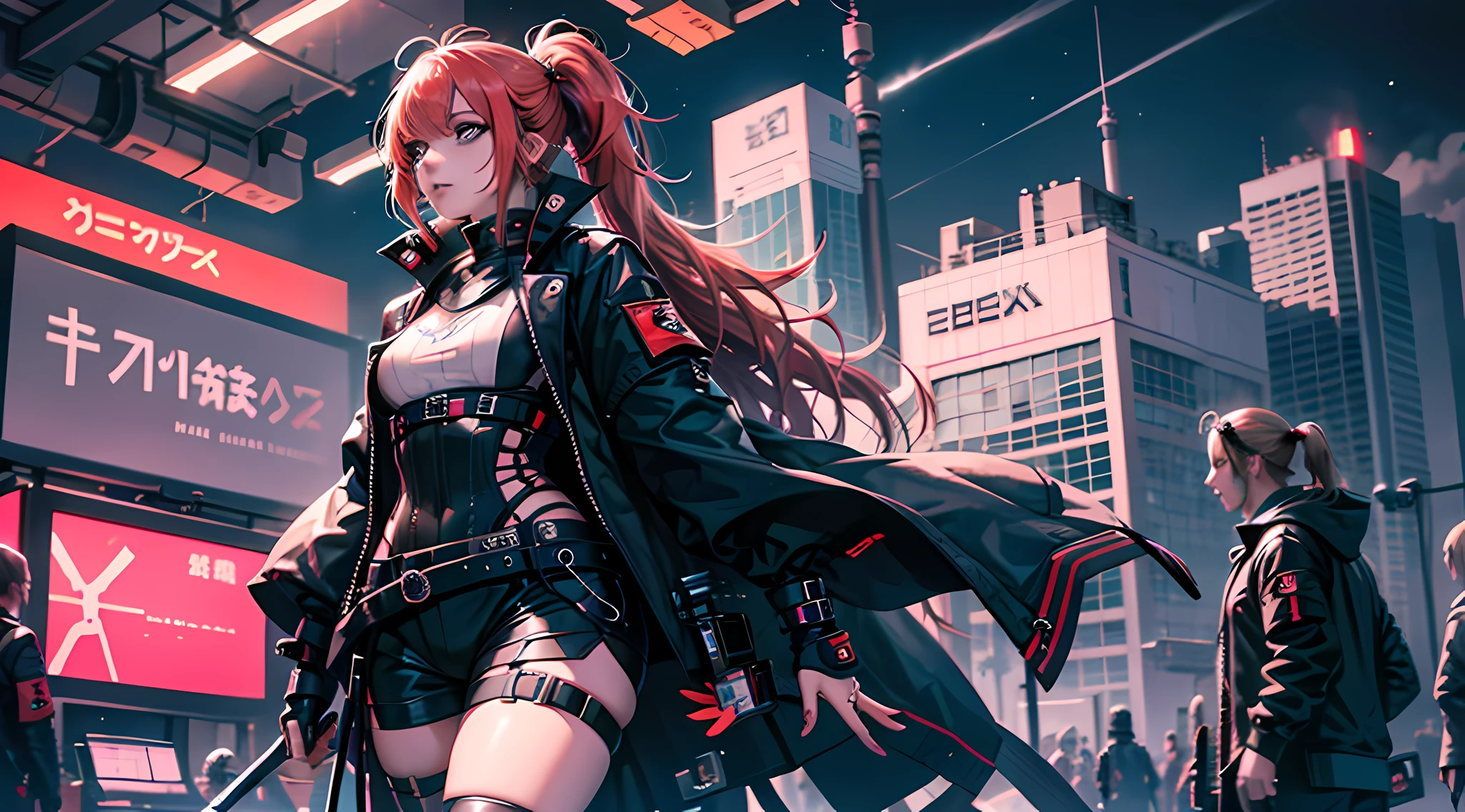 High ponytailed girl,cyber punk perssonage,locomotive ,the night