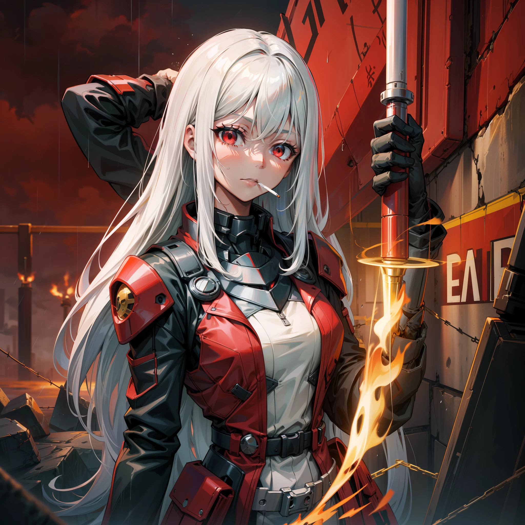 White-haired girl in tactical gear，a beauty girl，White hair，In the blockade zone，Doomsday style，Rainy sky，barbed wire，torches，The girl held up the torch，Redemption，4K，Masterpiece，high high quality，The girl raised the torch high above her head with one hand。，（（Raise the flashlight above your head）），Smoking a cigarette，red color eyes，red color eyes