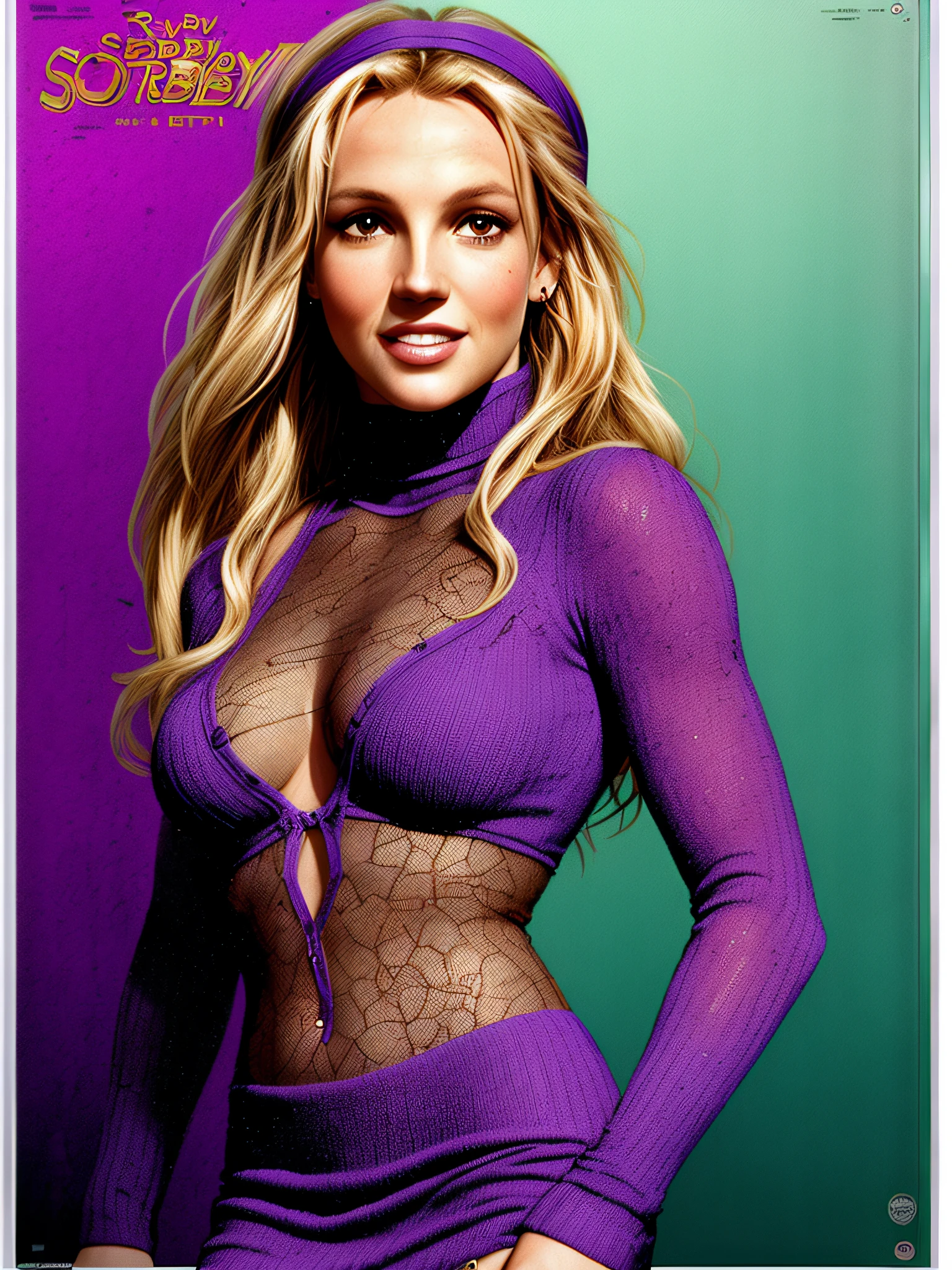 (Britney Spears) as (Daphne Blake:1.4 from Scooby Doo)
, ((large breasts), (stylish Long Side-Swept haircut and headband), cleavage purple (turtleneck) braless, (micro-skirt), pantyhose)1.2
, smiling face, dramatic, posing for movie promotion, front view
, (high detailed skin:1.2)(realistic pupils, realistic iris:1), 8k uhd
, (vhs effect, (poster:1.6), nostalgia, movie poster effect, (skin texture), intricately detailed, fine details, hyperdetailed, raytracing, subsurface scattering, diffused soft lighting, shallow depth of field, by (Herb Ritts)), ((Scooby Doo) in background), (full body length)1.3