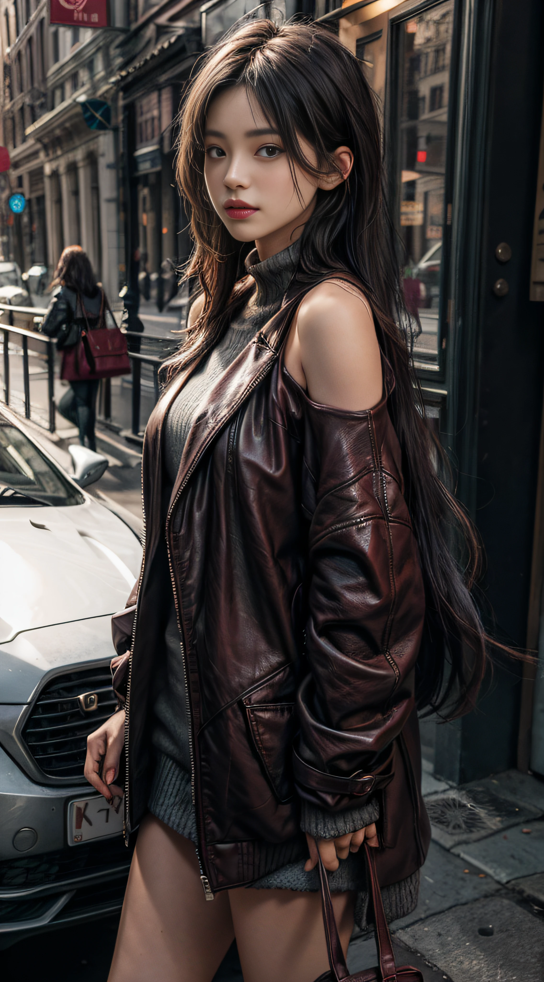 Gray sweater，Extra-long hair，Exposed shoulder，Burgundy leather coat，puss
