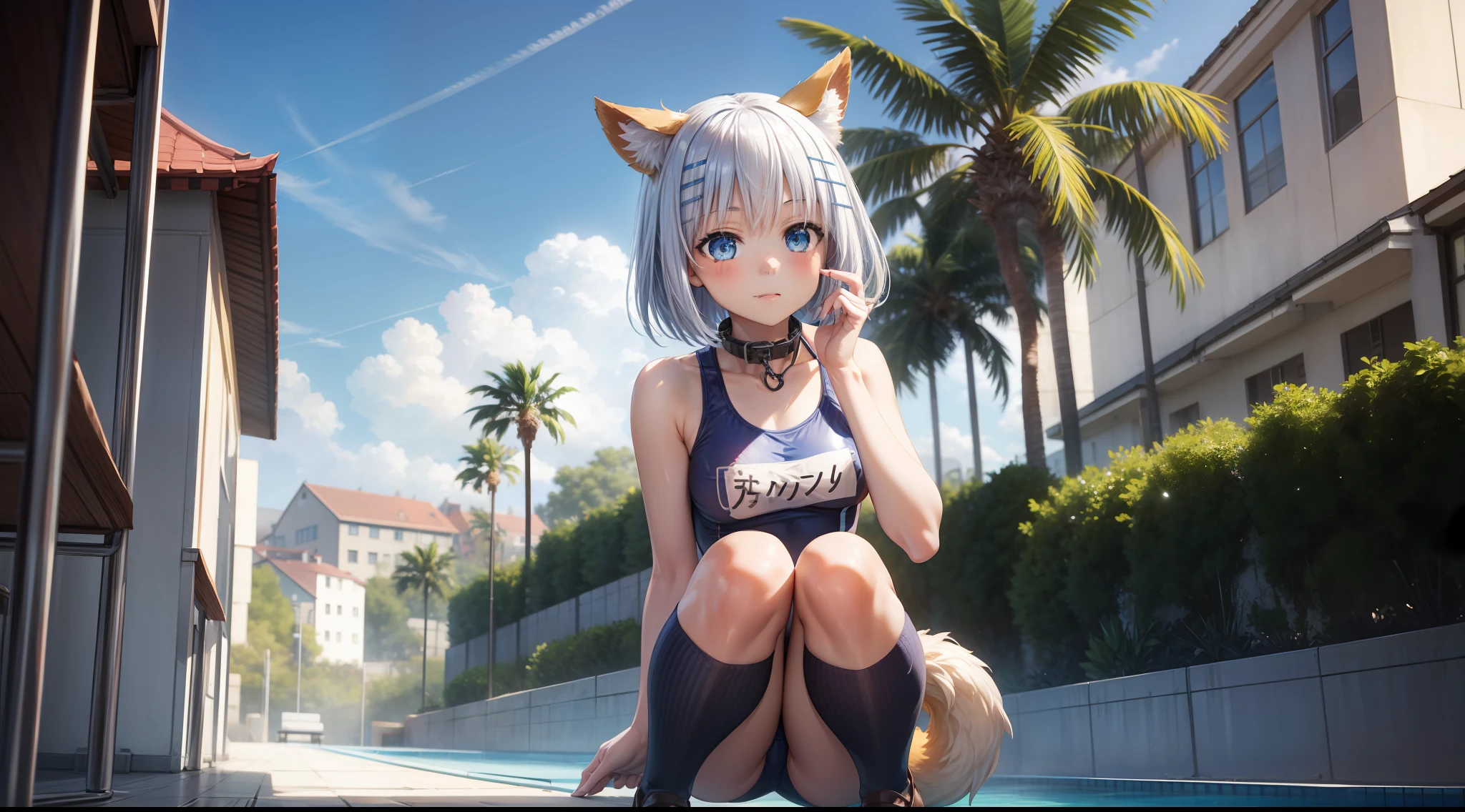 1girl, 3d, animal_ears, black_legwear, blue_eyes, blue_sky, blur_censor, blurry, blurry_background, blurry_foreground, bokeh, brick_wall, building, cafe, chain-link_fence, city, cloud, cloudy_sky, collar, competition_swimsuit, cosplay_photo, day, depth_of_field, dirt, dog_ears, dog_tail, east_asian_architecture, fence, film_grain, focused, hair_ornament, house, kneehighs, knees_together_feet_apart, loafers, looking_at_viewer, motion_blur, name_tag, outdoors, palm_tree, park, photo_(medium), photo_background, photo_inset, plant, pool, poolside, potted_plant, rainbow, school_swimsuit, shoes, short_hair, shrine, silver_hair, sky, squatting, stadium, street, swimsuit, tail, town, tree