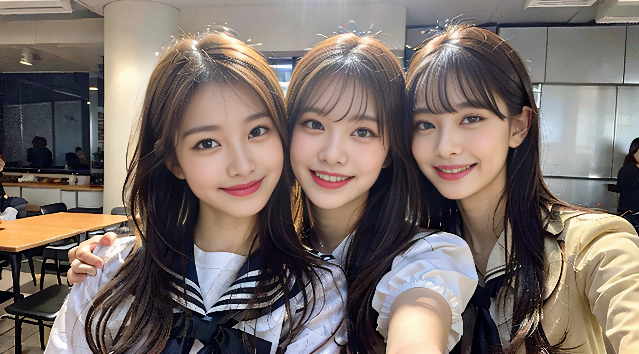 (8K、Raw photography、top-quality、masterpiece:1.2)、ultra-detailliert、ultra res、(realisitic、Real Photographics:1.47)、((Woman blinking))(High school girl winking at camera)An Internet café full of heart、One eye is closed、(Fantastic lighting)Close one eye and look at me、winking、head to waist、de pele branca、Fair-skinned female proofreading、An ultra-high picture quality、Beautiful female proofreading reflecting in light、looking downwards、amazing detailed、Beautiful girls in very detailed、Faces with different patterns、Different face patterns、Each hairstyle has its own characteristics、Farbe々Hairstyle、Farbe々Hair color shining with clean light、Brown hair shining in the light、One has a ponytail、、Modern cute high school girl、very detailed faces very detailed eyes、Very realistic skin、 extremely detailed fingers, highly detailed nose, highly detail mouth, perfect anatomia, Highly detailed sailor suit、 de pele branca, glistning skin, Slim body, Long straight hair, (Blunt bangs:1.2),, JK Uniform, wearing japanese school uniform,