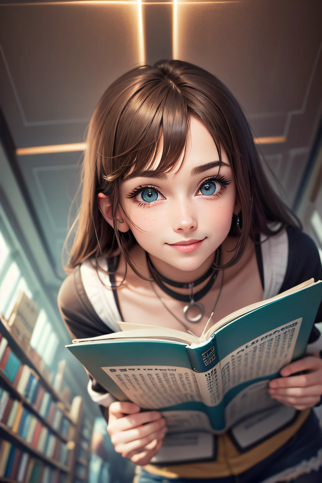Inside a bookstore, Holding a book, Gently look up, Also flip the book action, Look up at a 45-degree angle, brown hair, ????????? smile, aqua eyes, Op art, anime, depth of field, god rays, cinematic lighting, UHD, masterpiece